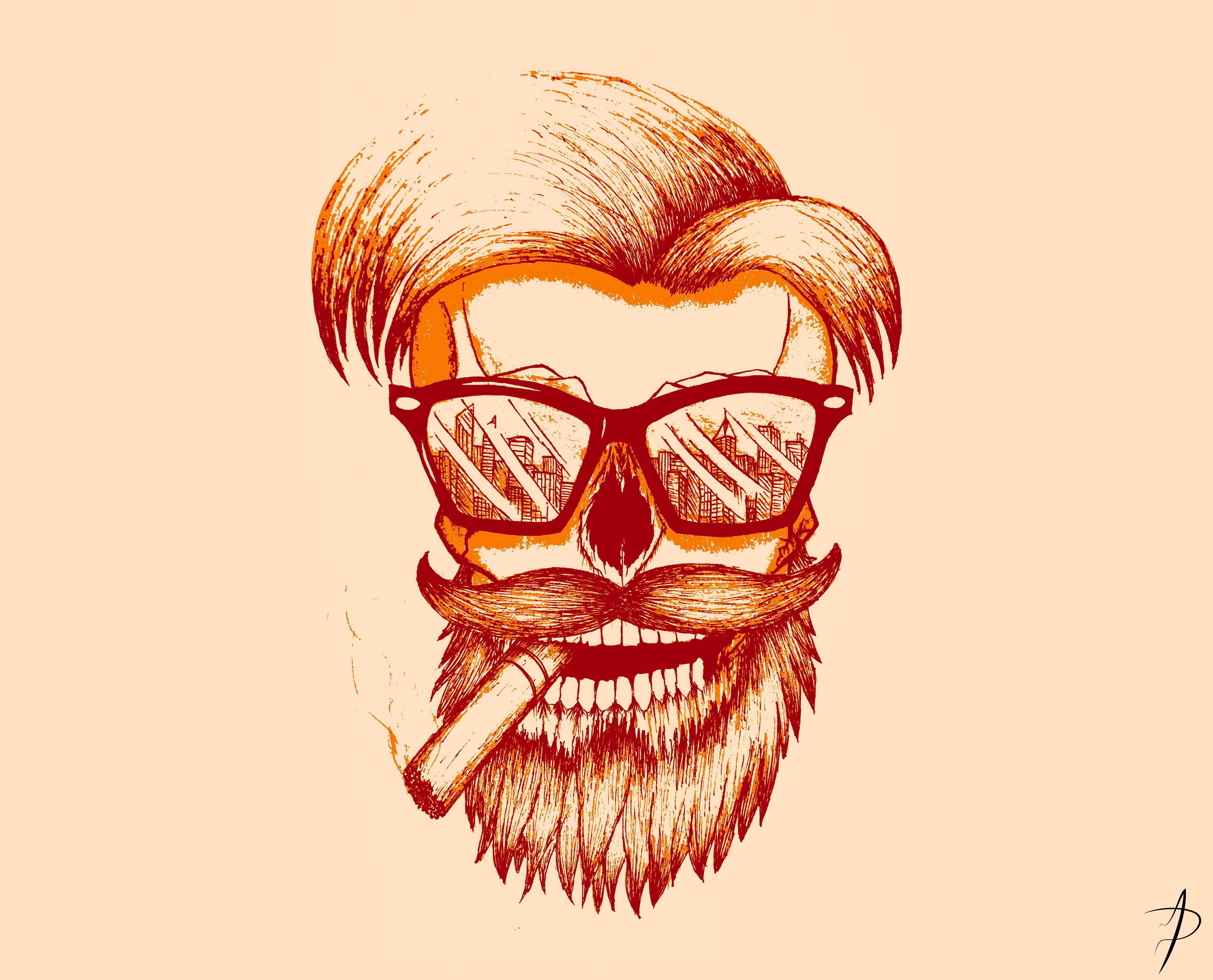 骷髏 桌布 壁紙 — 一個風格化的骷髏頭，帶有鬍鬚和眼鏡，在溫暖的米色背景前拿著雪茄，反射出城市景觀。