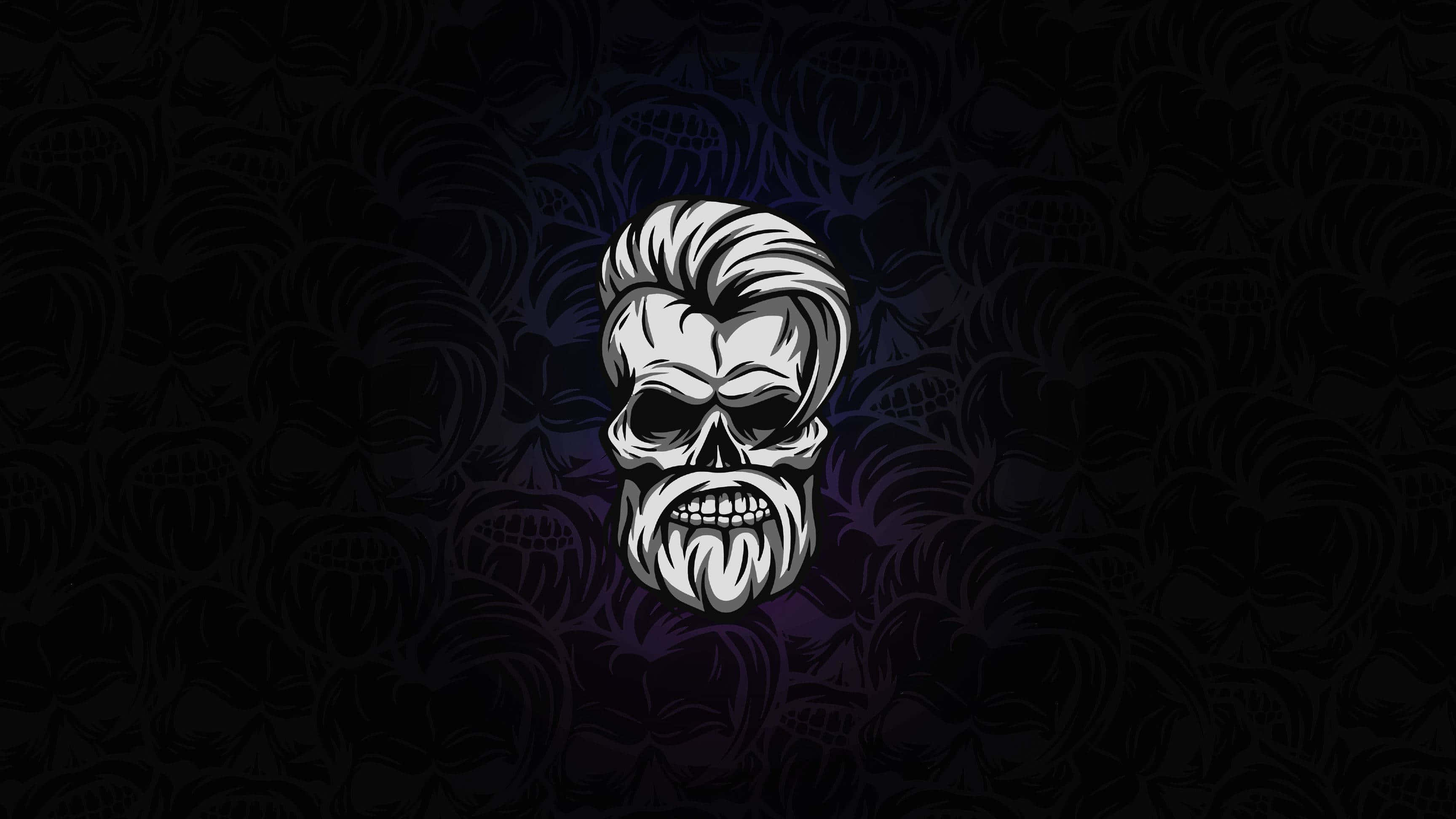 skulls 桌布 壁紙 — 一個風格化的骷髏頭，梳著向後梳的髮型和山羊鬍，在深色圖案背景上怒視。
