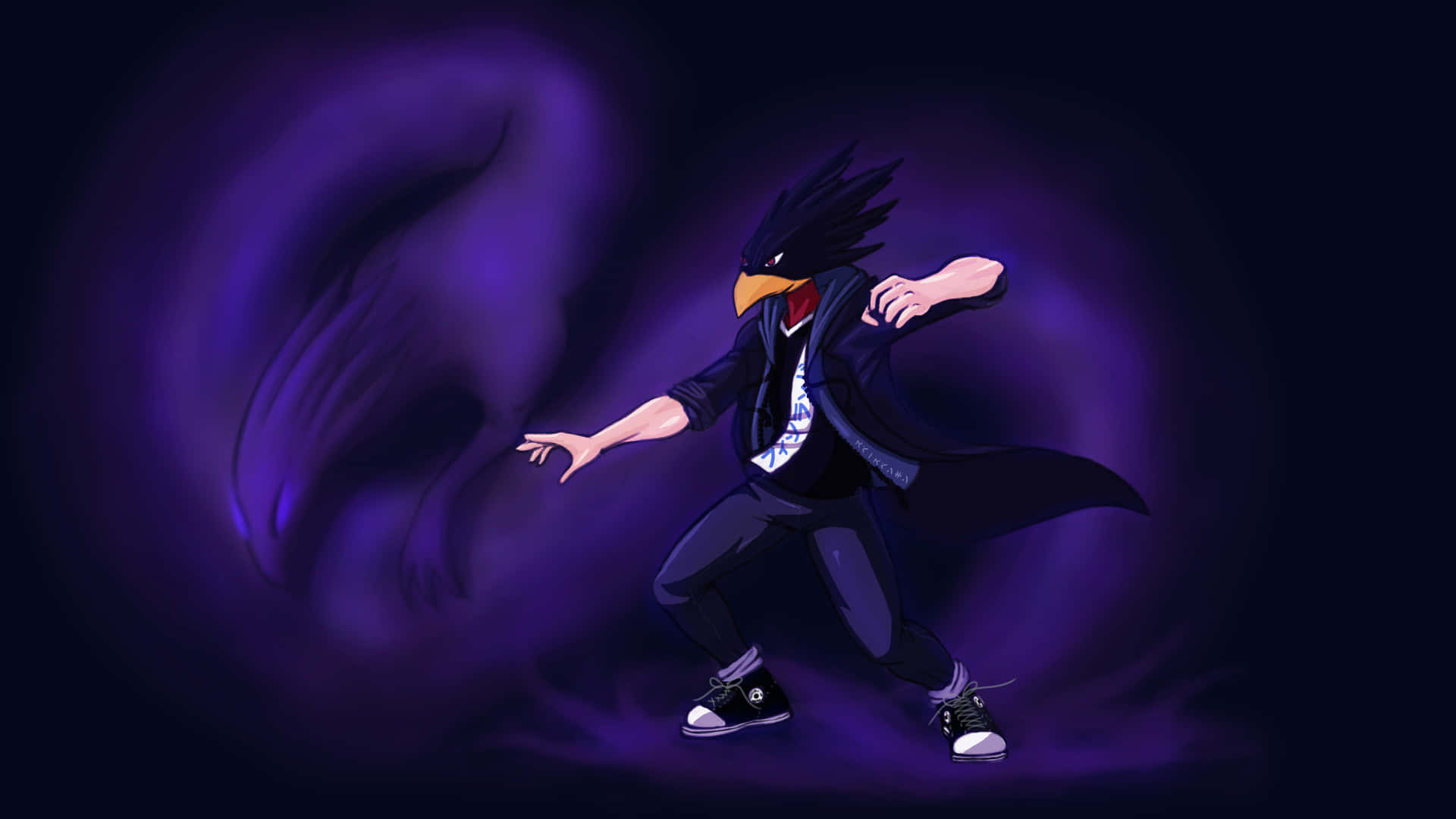 Fumikage Tokoyami 桌布 壁紙 — 一個風格化的鳥頭動漫角色，在旋轉的紫色漩渦背景下擺出動態姿勢。