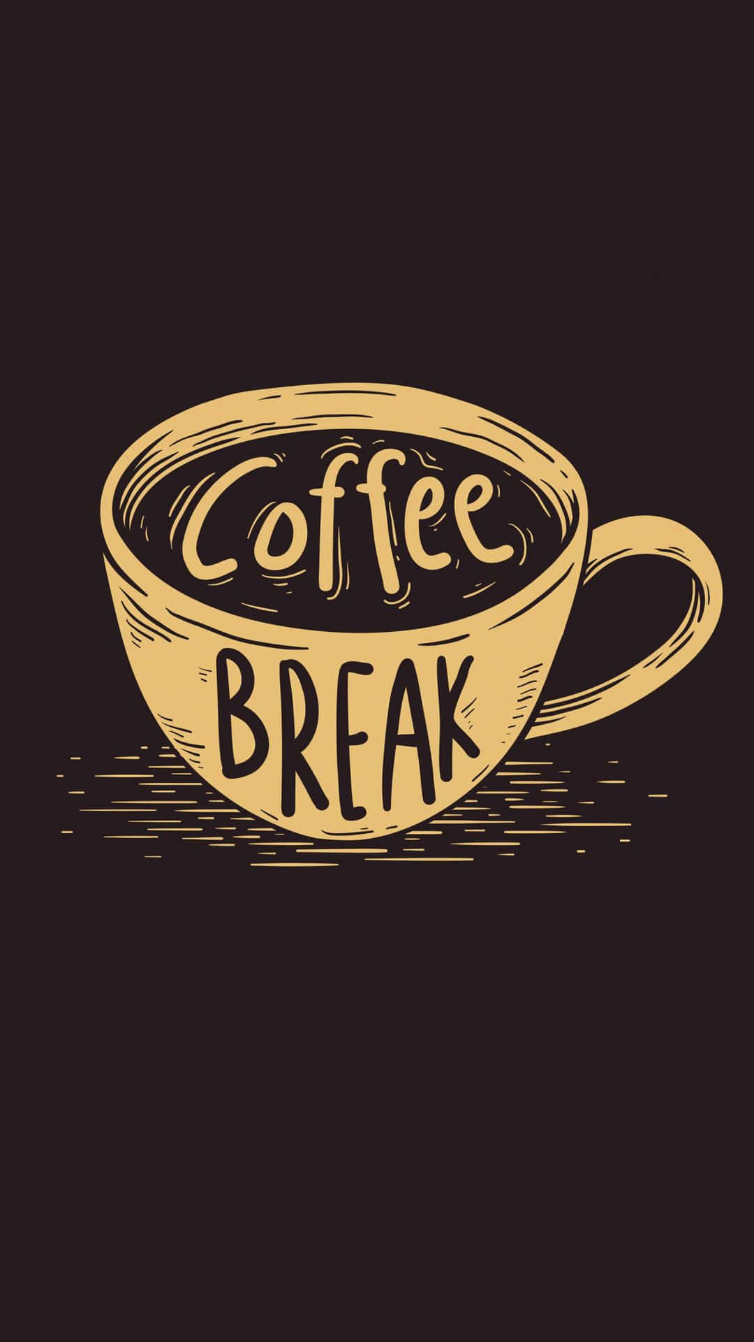 Minimalist Coffee 桌布 壁紙 — 一個風格化的黃色咖啡杯，在深棕色背景上有粗體字 'Coffee BREAK'。