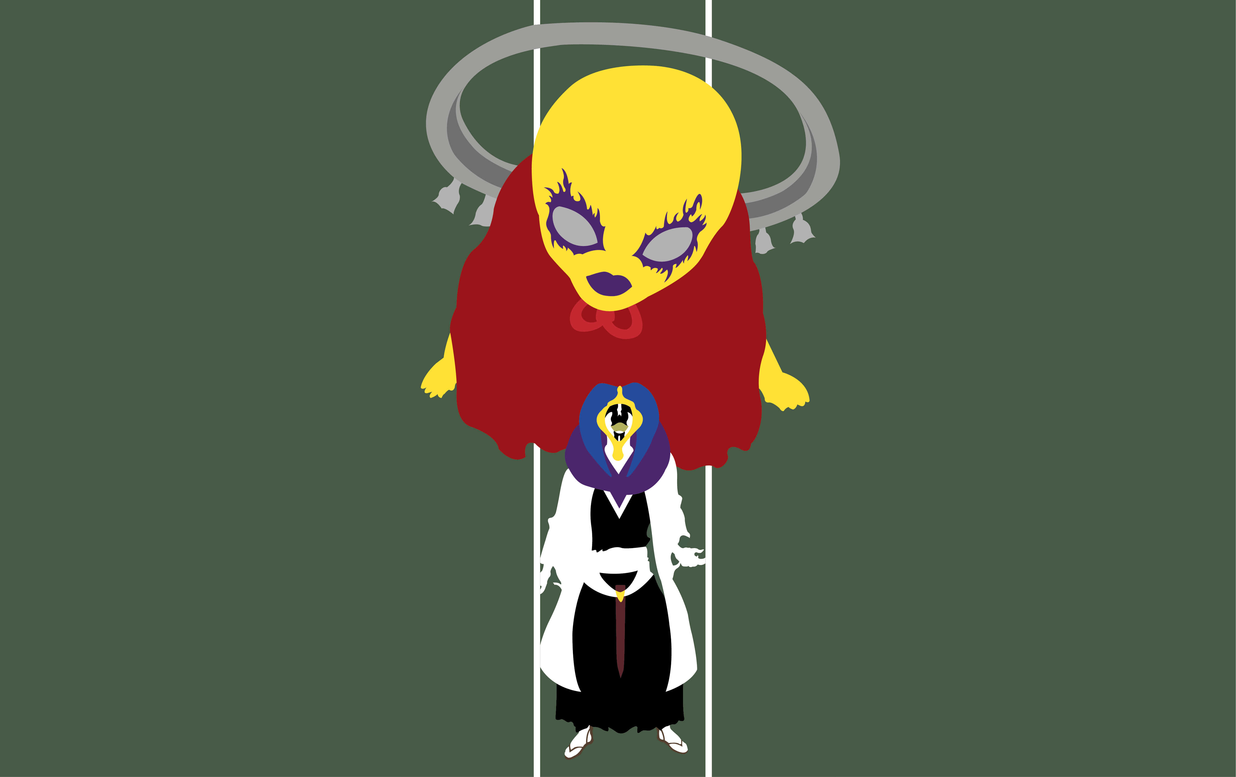 Mayuri Kurotsuchi 桌布 壁紙 — 一個風格化的黃色外星人帶有光環，懸浮在一個穿著白色外套的較小人形人物上方，背景為深綠色。