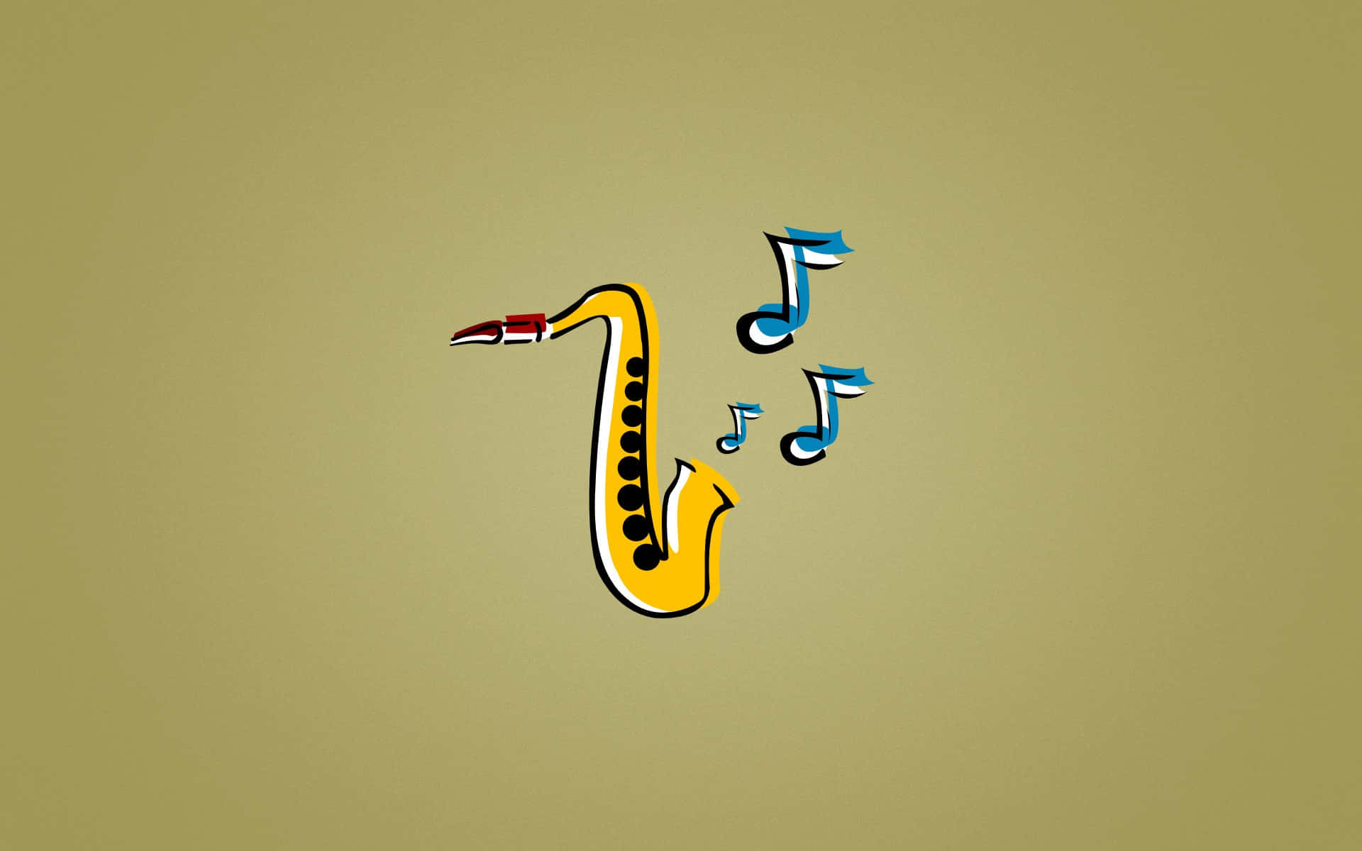 Cartoon Music 桌布 壁紙 — 一個風格化的黃色色士風，藍色音符從其喇叭口飄出，背景為柔和的橄欖綠色。