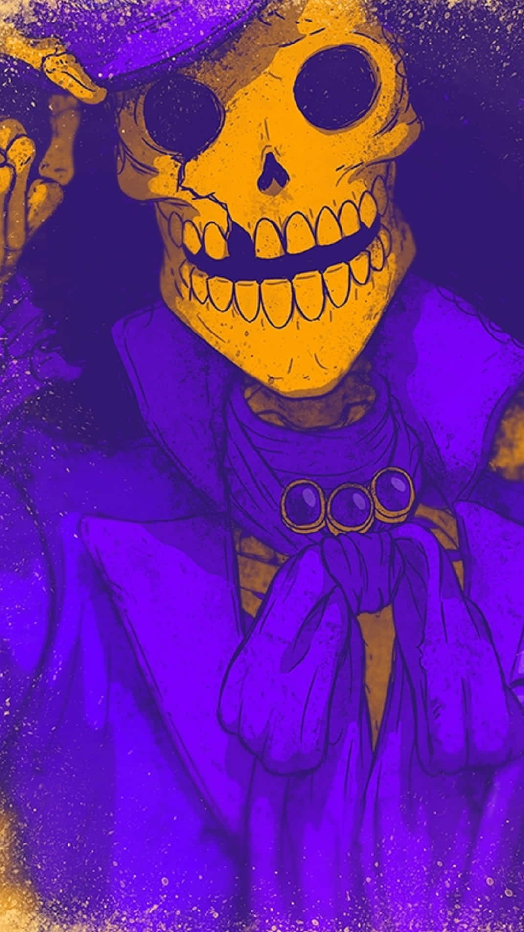 Brook 桌布 壁紙 — 一個風格化的黃色骷髏穿著紫色西裝和帽子，戴著手套的手在深紫色背景前做手勢。