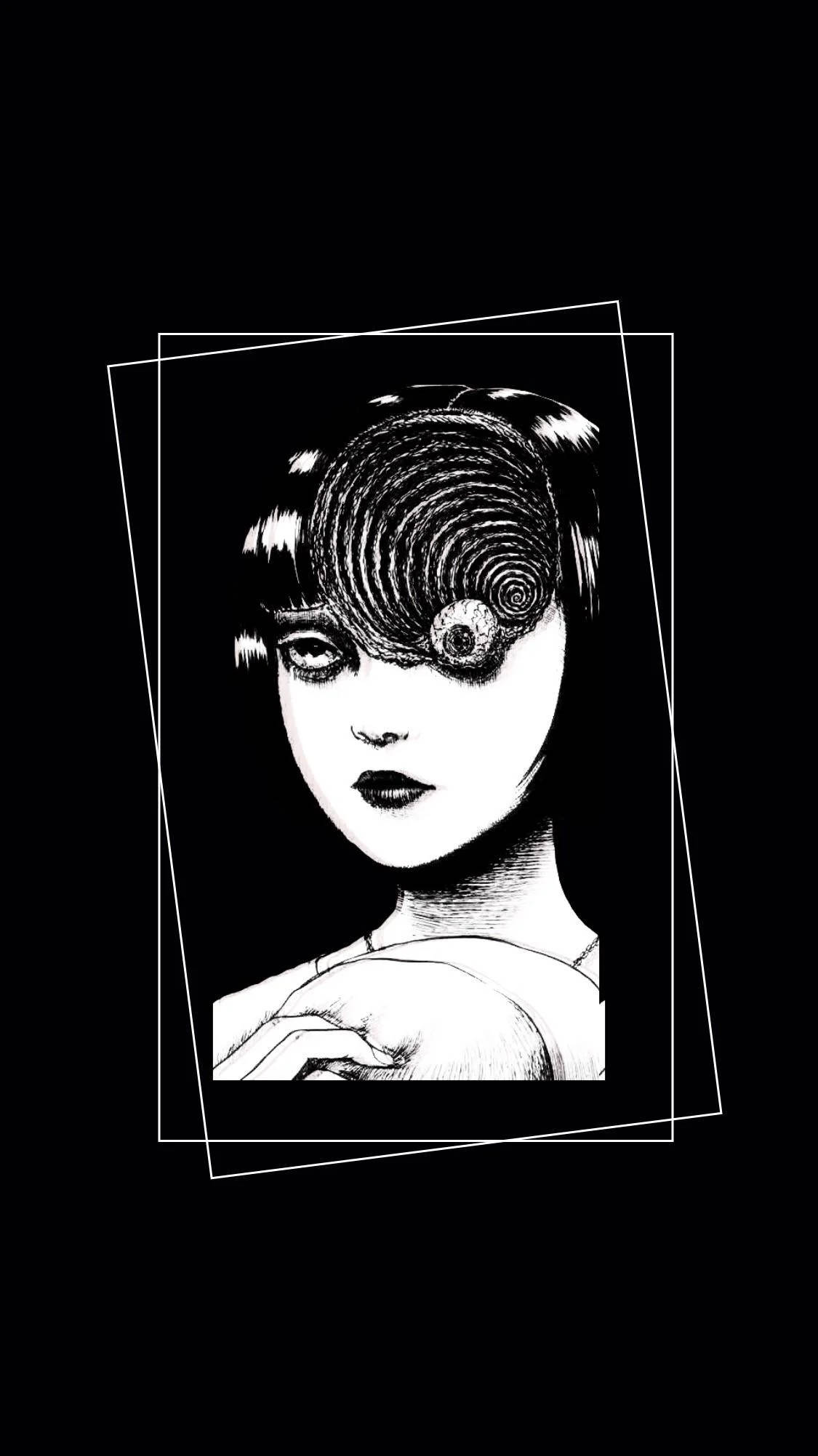 恐怖 桌布 壁紙 — 一個風格化的黑白插圖，描繪一位女性，其中一隻眼睛被螺旋狀漩渦取代，由重疊的白色線條框住，背景為深色。