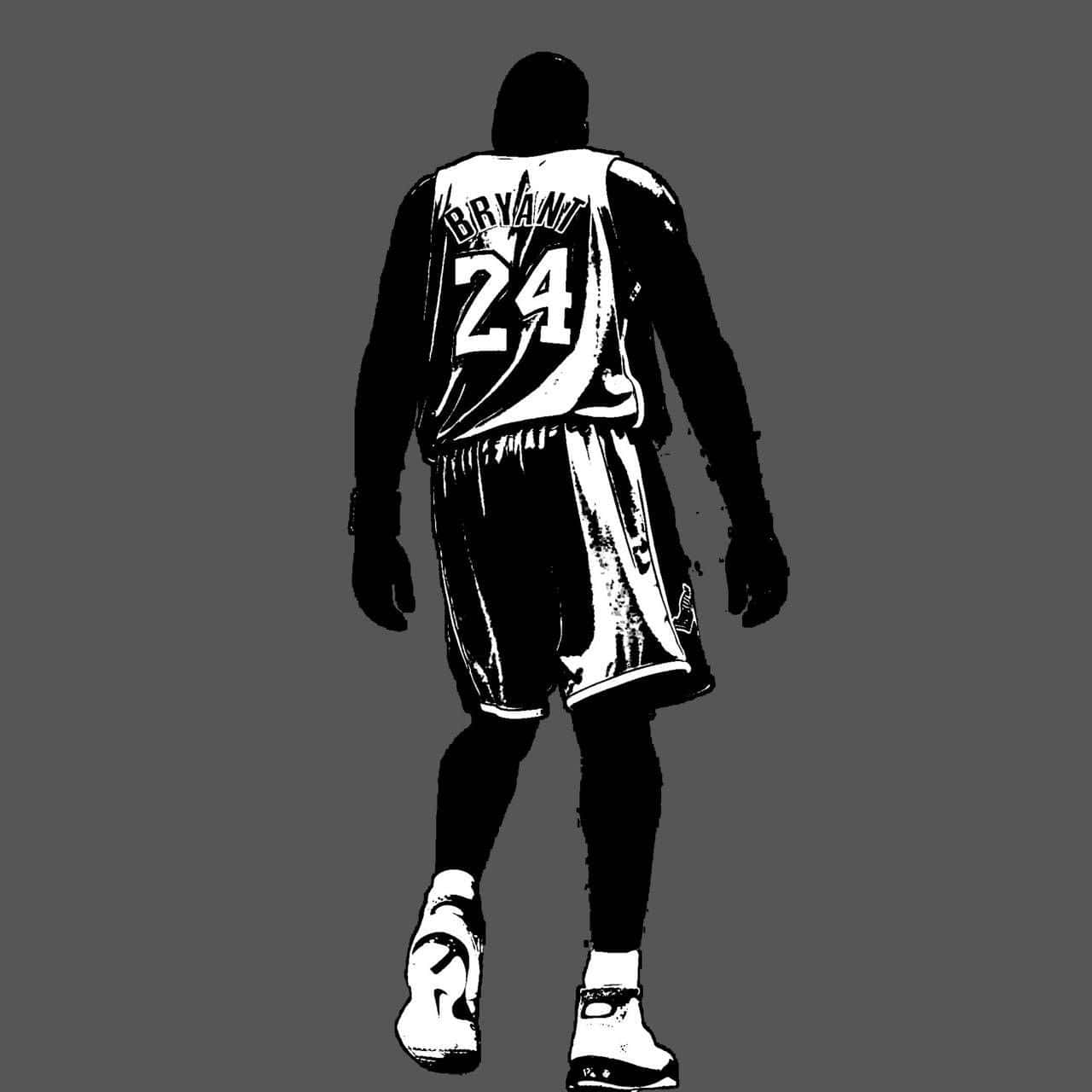 科比· Bryant 桌布 壁紙 — 一個風格化的黑白插圖，描繪一位身穿24號球衣的籃球運動員以堅定的姿態走開。