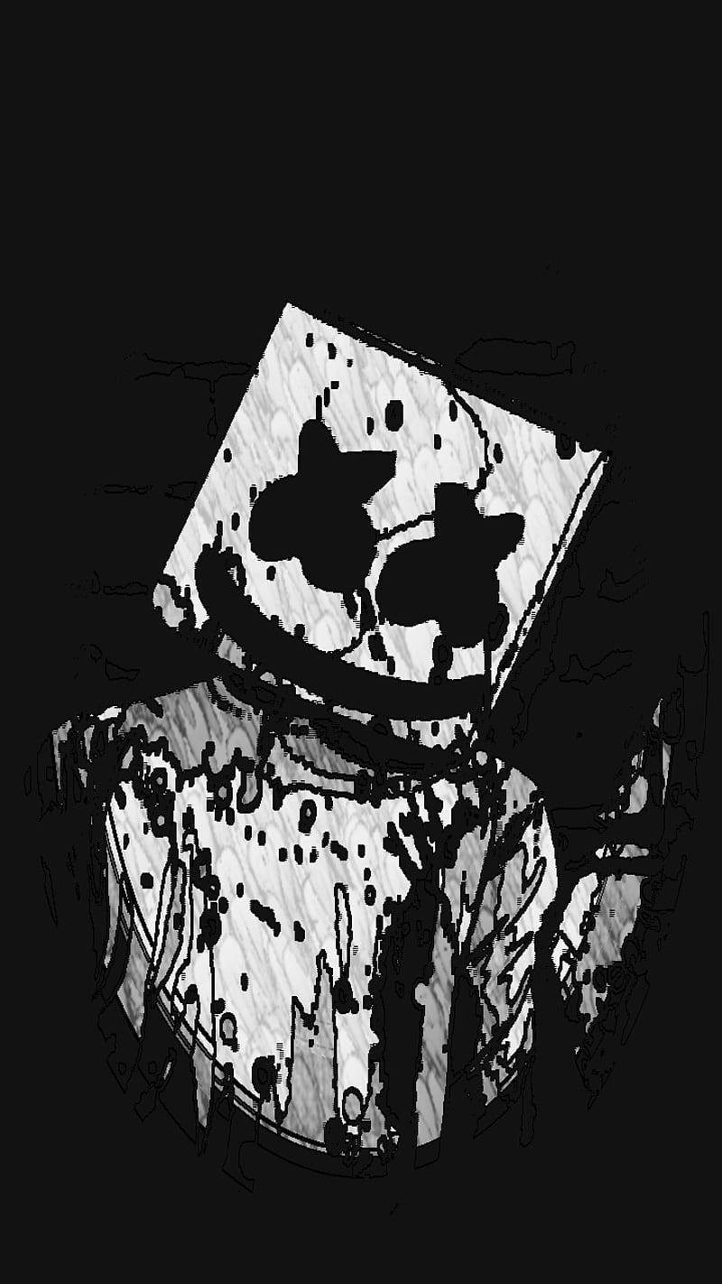 marshmello iPhone 桌布 壁紙 — 一個風格化的黑白插圖，描繪一個戴著方形頭盔、眼睛呈星形的人物，背景為深色。