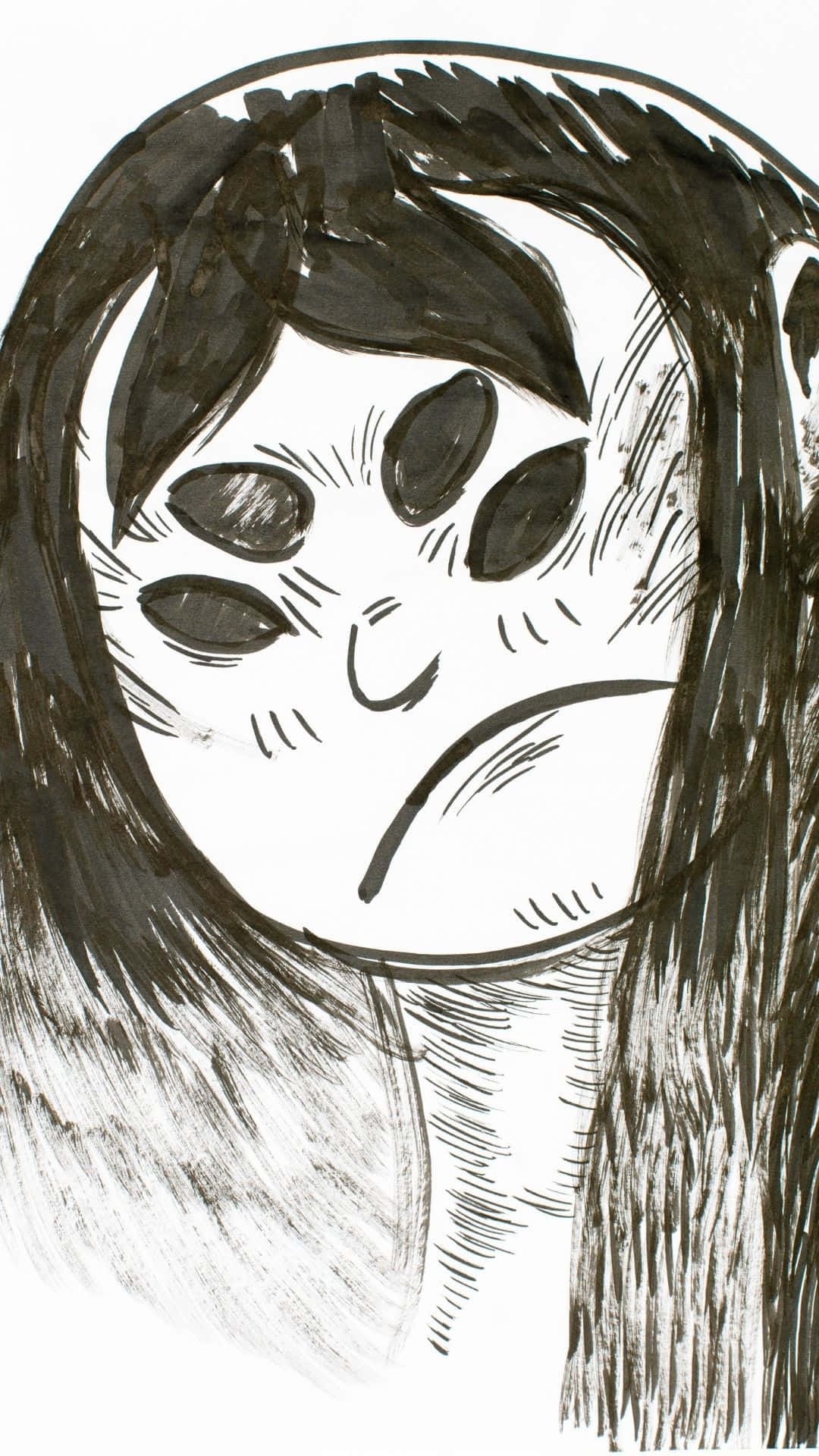 Cute Emo 桌布 壁紙 — 一個風格化的黑白插圖，描繪一個有六隻眼睛和溫柔微笑的人，被長髮框住。