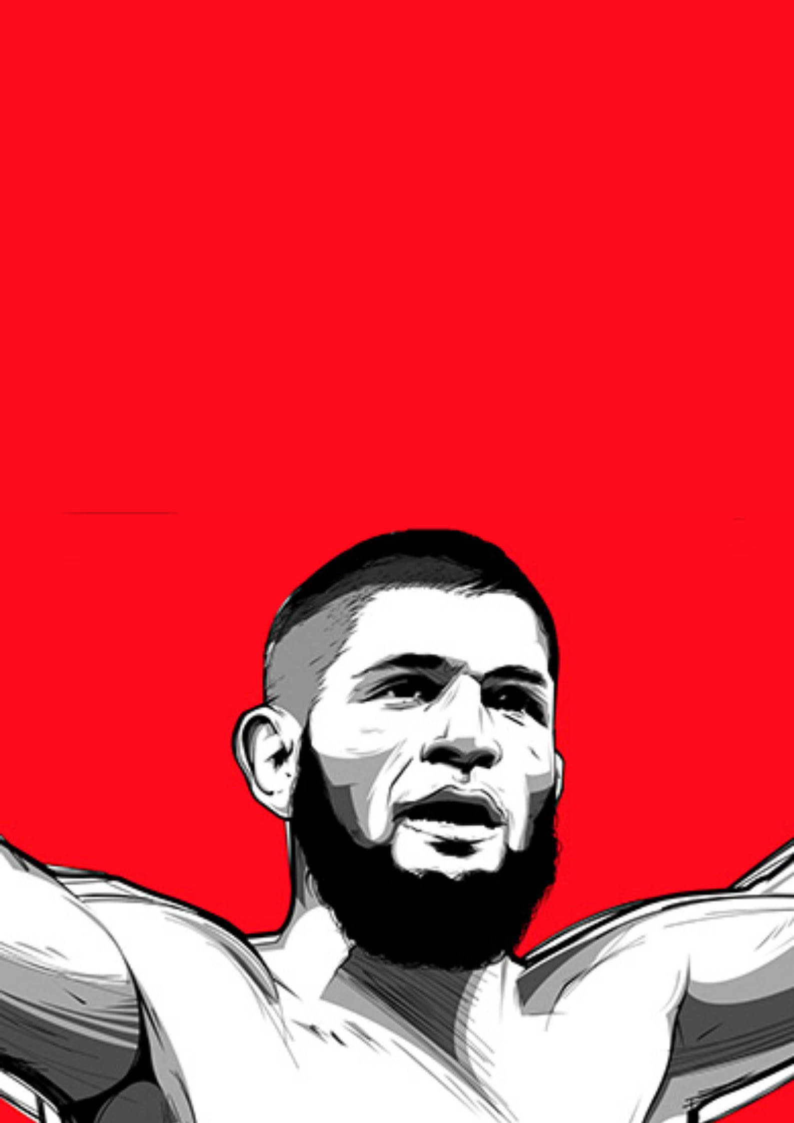 UFC 桌布 壁紙 — 一個風格化的黑白插圖，描繪一個鬍鬚男在鮮紅色背景上張開雙臂。