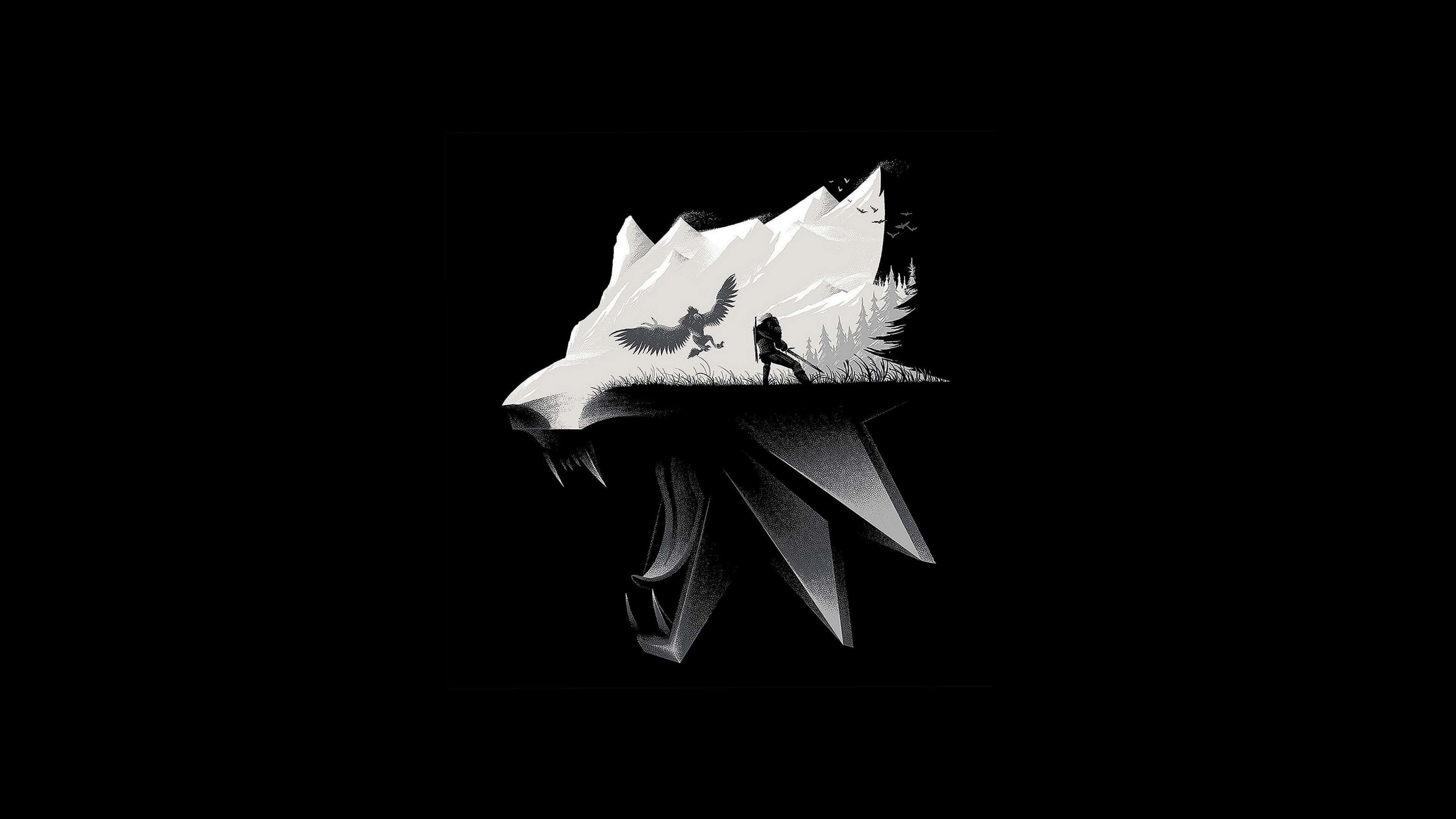 Dark Gaming 桌布 壁紙 — 一個風格化的黑白插圖，描繪狼頭頂部有戰士和鷹立於雪峰之上，背景是黑暗虛空。