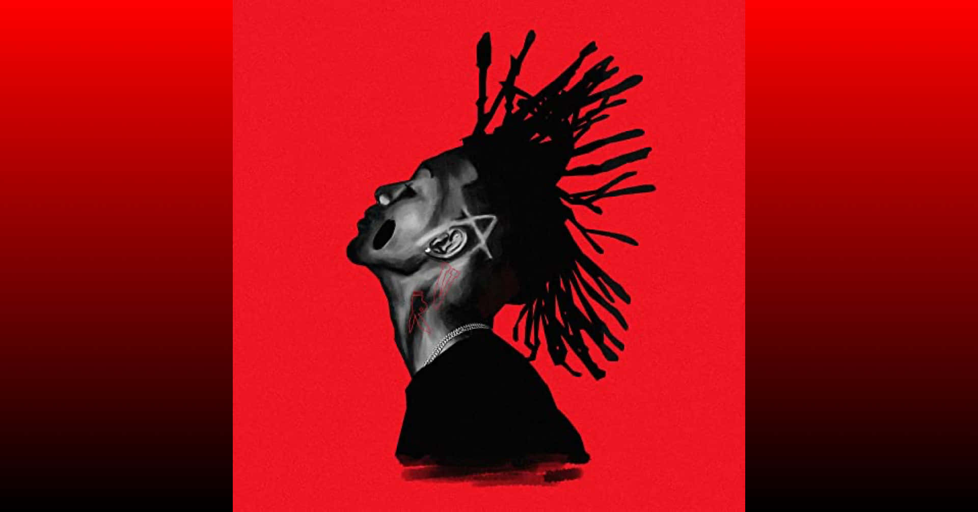 playboi carti 桌布 壁紙 — 一個風格化的黑白肖像，人物擁有狂野的頭髮和耳環，背景是鮮豔的紅色漸變。