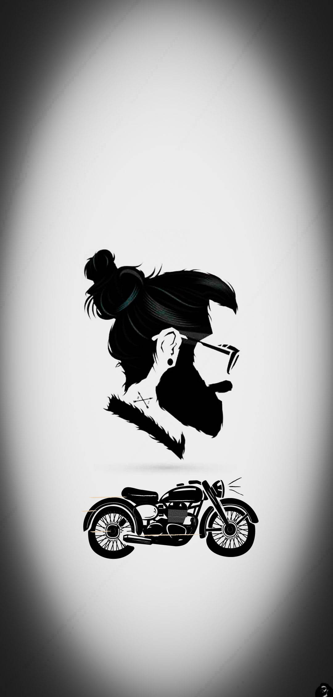 Silhouette 桌布 壁紙 — 一個風格化的黑色剪影，描繪一位長髮飄逸的女性與一輛摩托車，背景為漸變灰色。