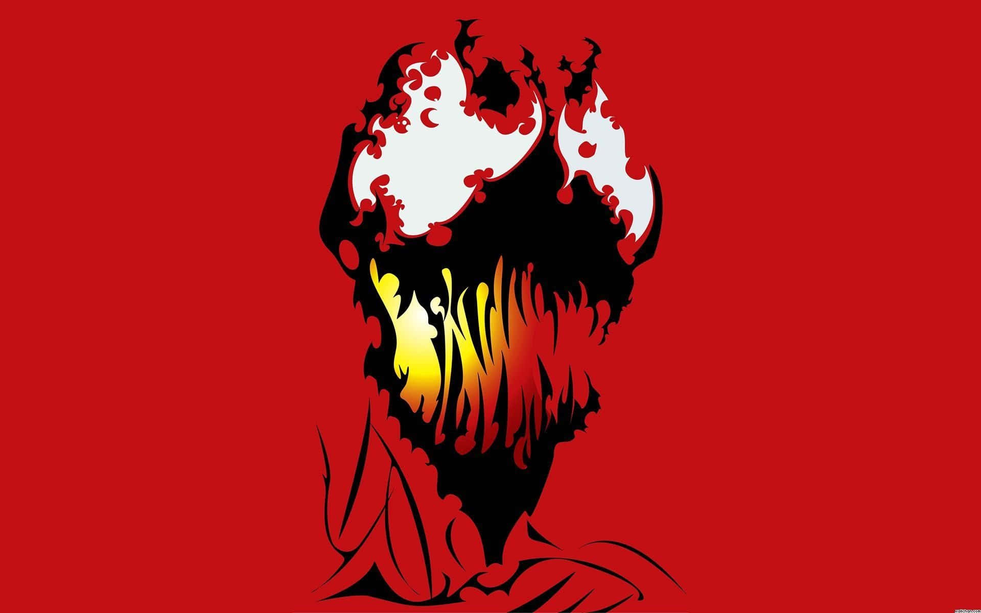 Carnage USA 桌布 壁紙 — 一個風格化的黑色尖叫面孔剪影，口中噴出白色和黃色的火焰，背景為純紅色。
