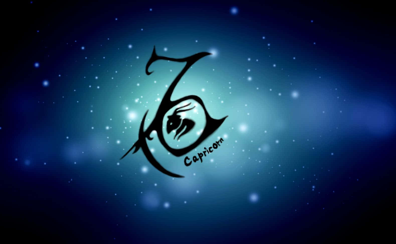 山羊座 桌布 壁紙 — 一個風格化的黑色摩羯座星座符號在星光閃爍的藍色宇宙背景中發光。