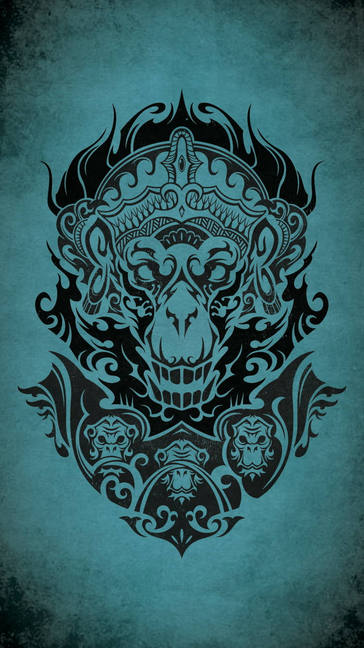lord hanuman 桌布 壁紙 — 一個風格化的黑色猴子頭，帶有複雜的部落圖案，置於有紋理的青綠色背景上。