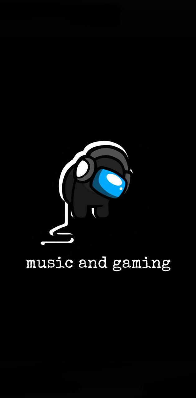 黑色遊戲角色，藍色眼睛和耳機，標有音樂和遊戲。 — 美學版 among US GIF 壁紙
