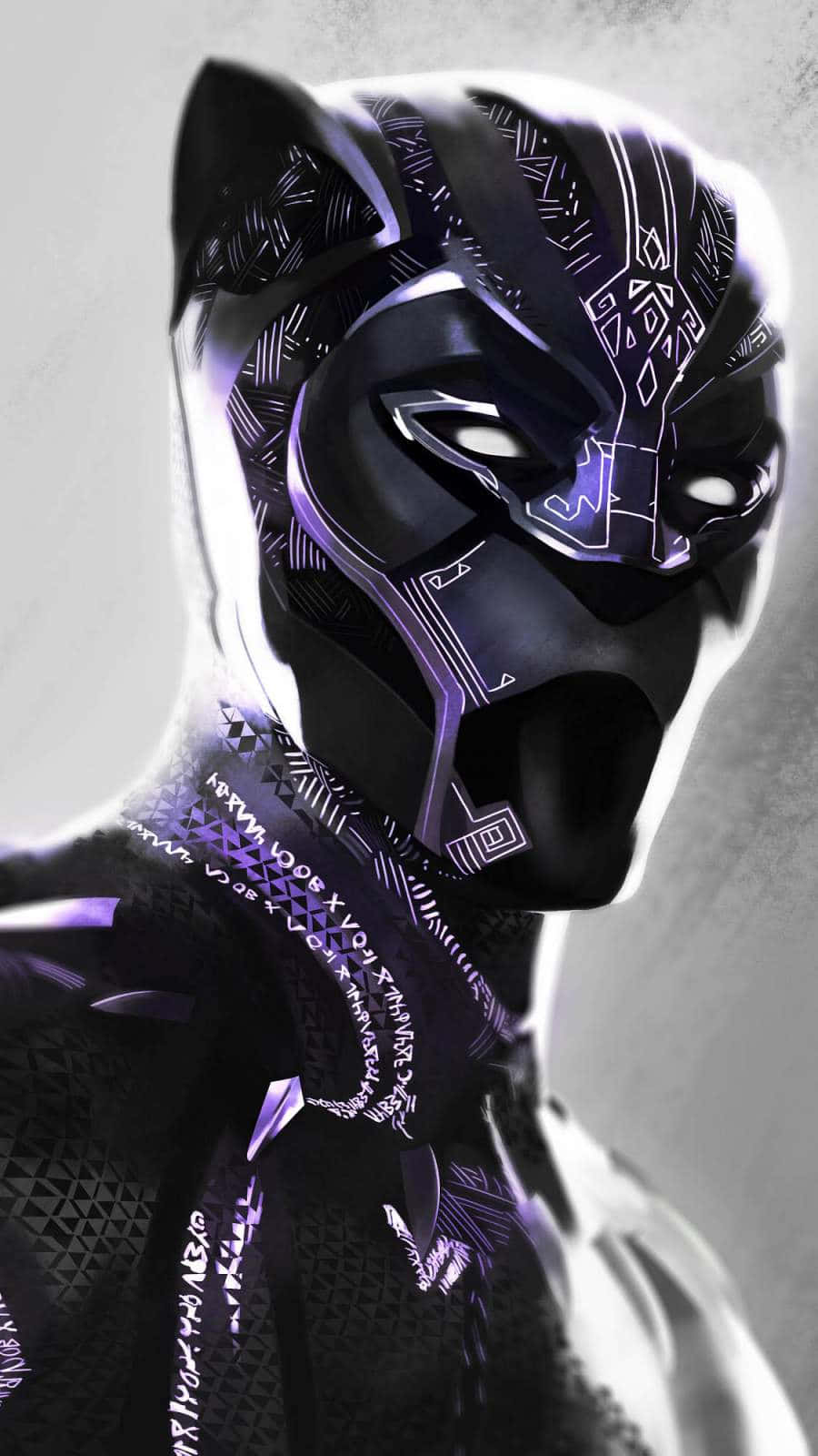 Vibranium Suit 桌布 壁紙 — 一個風格化的黑豹，面具和服裝上有發光的紫色部落圖案，背景為柔和的灰色。