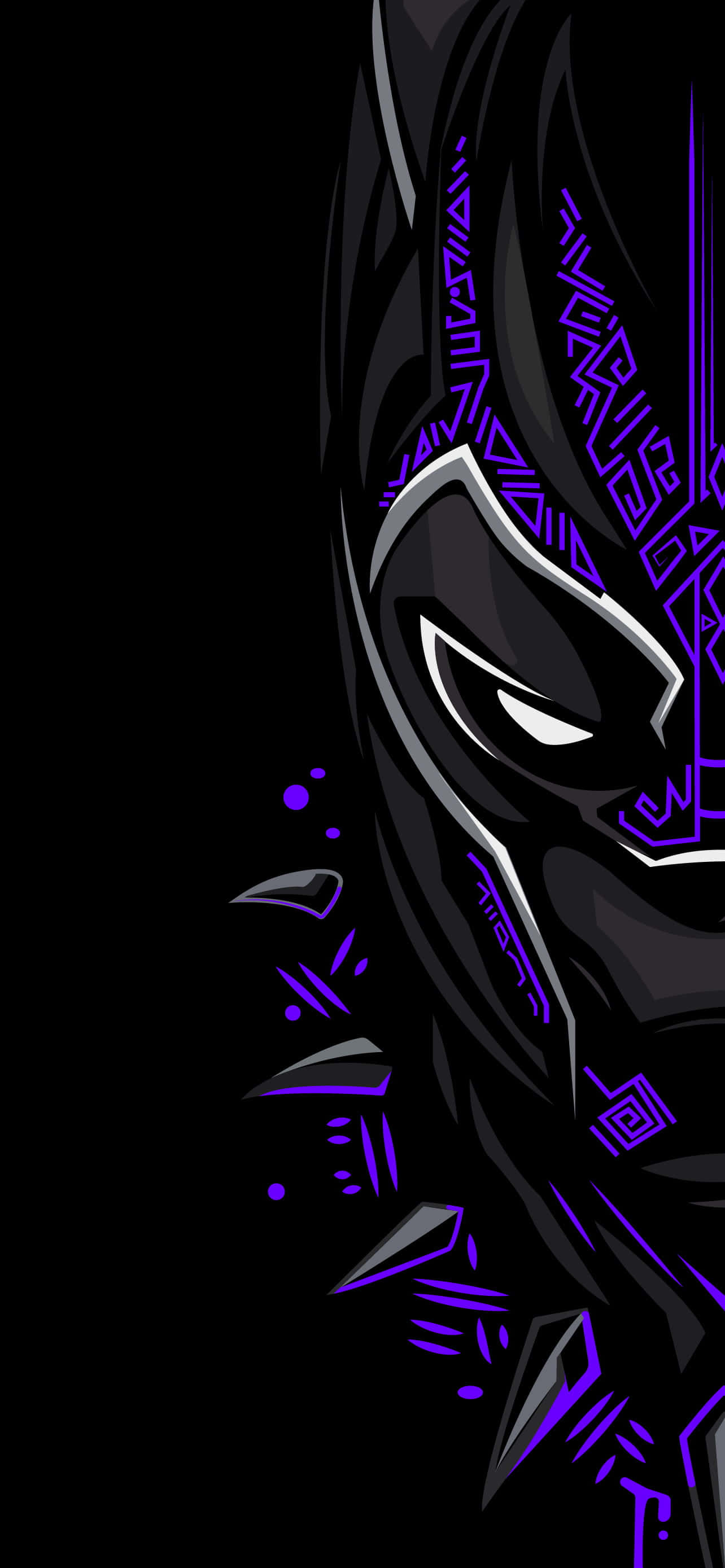 Vibranium 桌布 壁紙 — 一個風格化的黑豹面具，帶有發光的紫色部落圖案，背景為黑色。