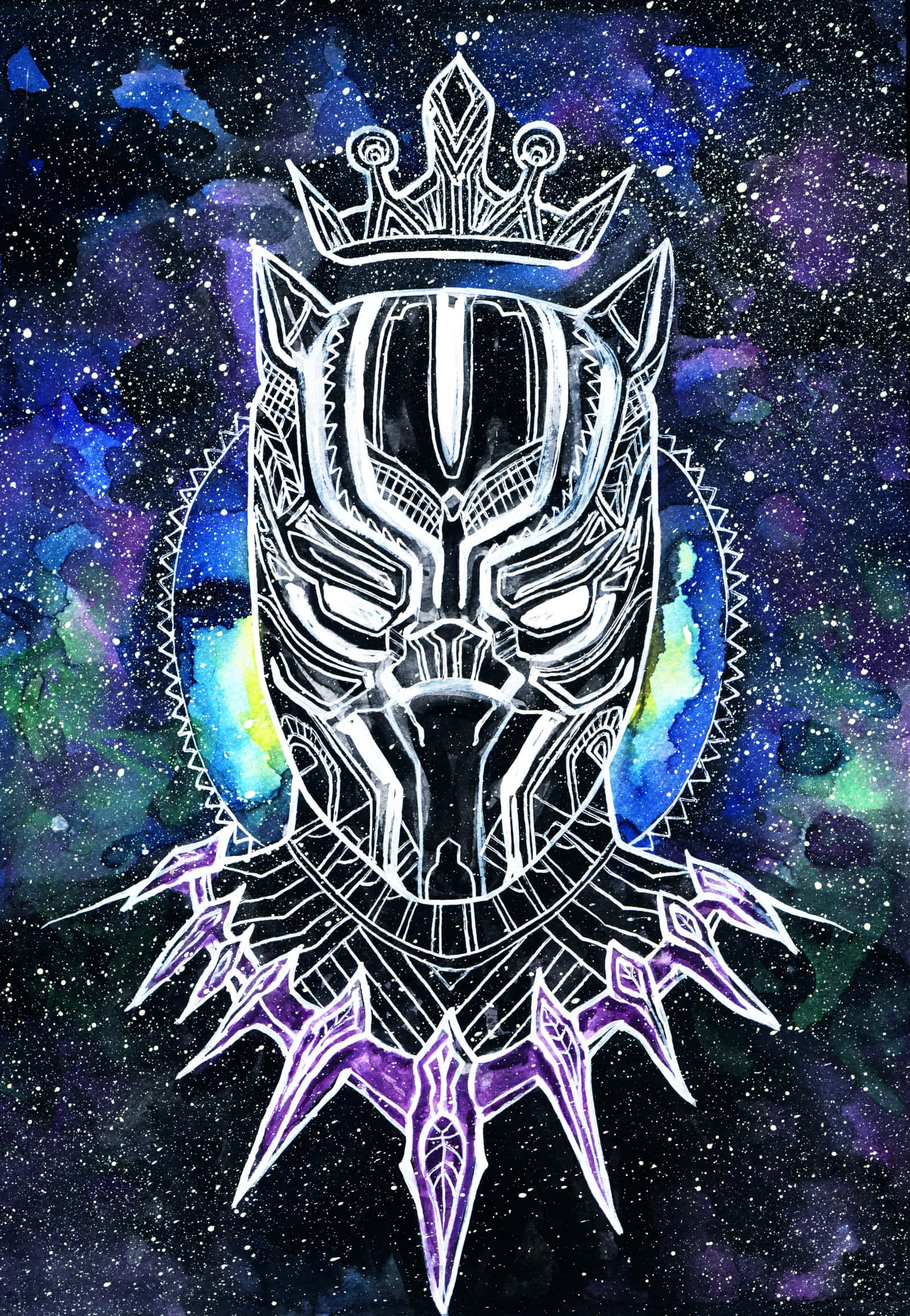 King Of Wakanda 桌布 壁紙 — 一個風格化的黑豹面具，帶有皇冠和鋸齒狀領子，在藍色、紫色和綠色的宇宙星雲背景下發光。