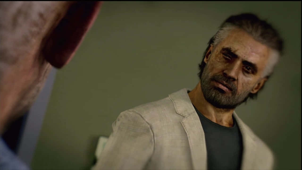 Call Of Duty Raul Menendez 桌布 壁紙 — 一個飽經風霜、灰髮鬍鬚的男人在昏暗的房間裏凝視着另一個人。