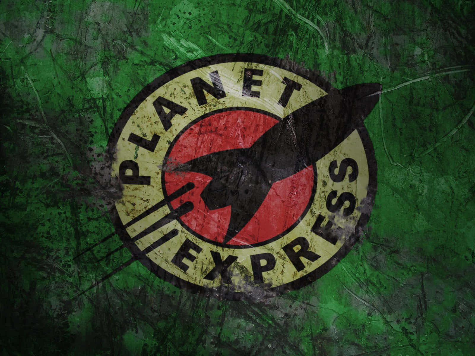 Futurama 桌布 壁紙 — 一個飽經風霜的 Planet Express 標誌，黑色火箭在紅色背景上，以粗糙的綠色紋理牆壁為背景。
