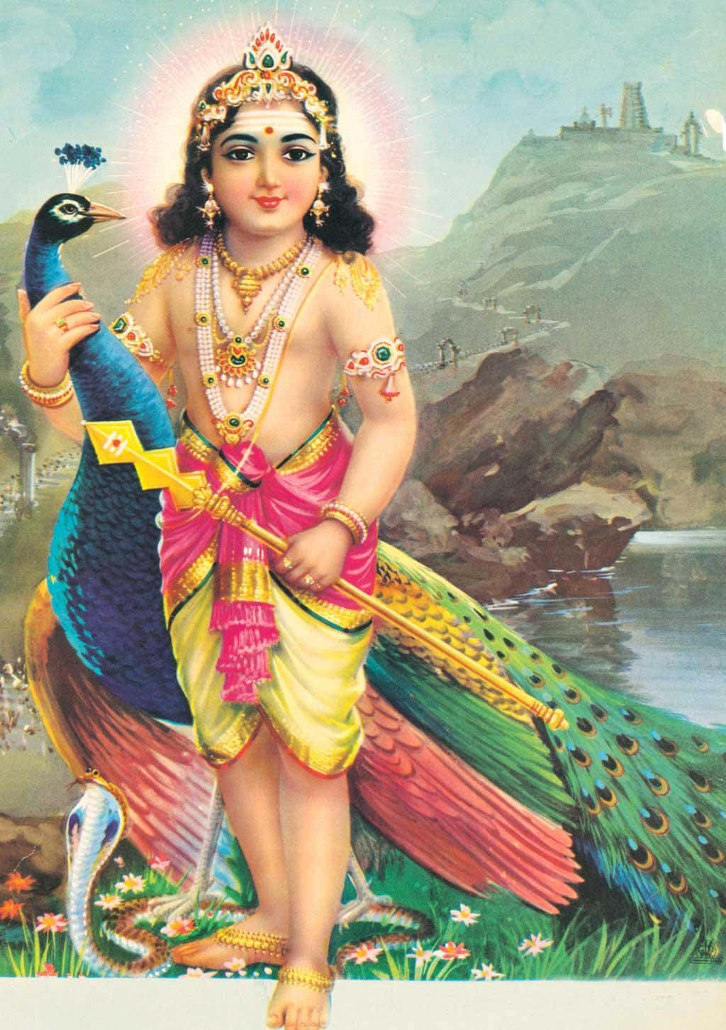 Murugan 桌布 壁紙 — 一個飾有珠寶的神聖孩子，在河邊拿著孔雀和箭，河邊的山丘上有寺廟遺跡。