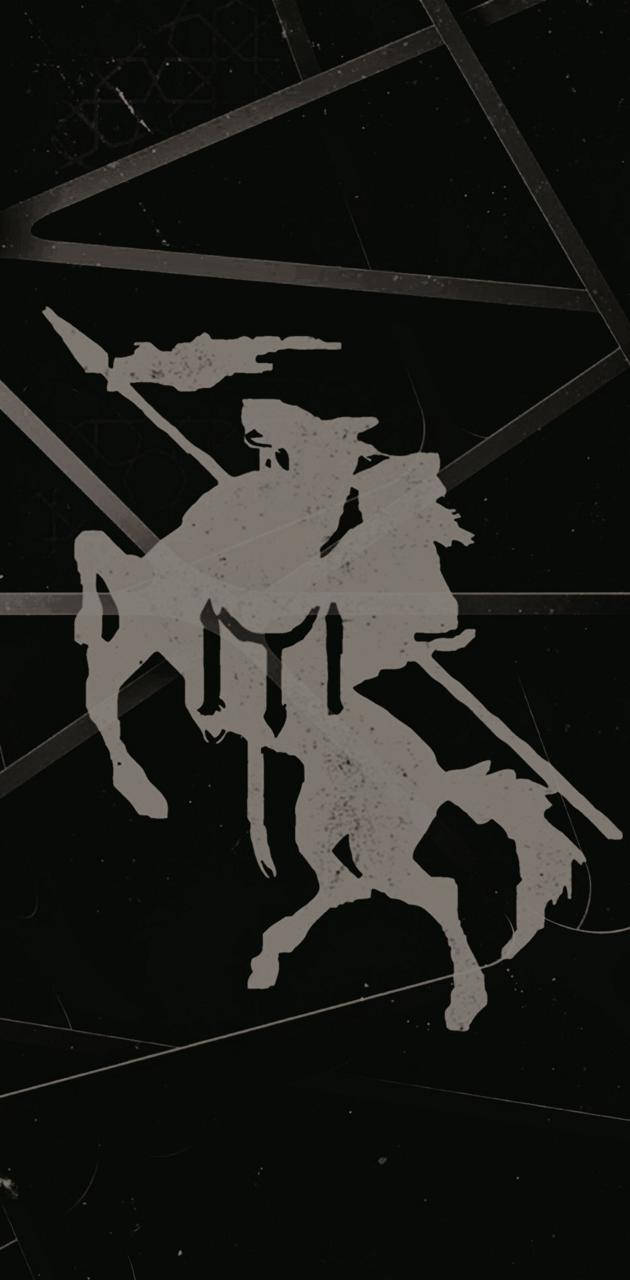 Silhouette 桌布 壁紙 — 一個騎馬戰士在破碎的幾何背景前揮舞長矛的鮮明單色剪影。