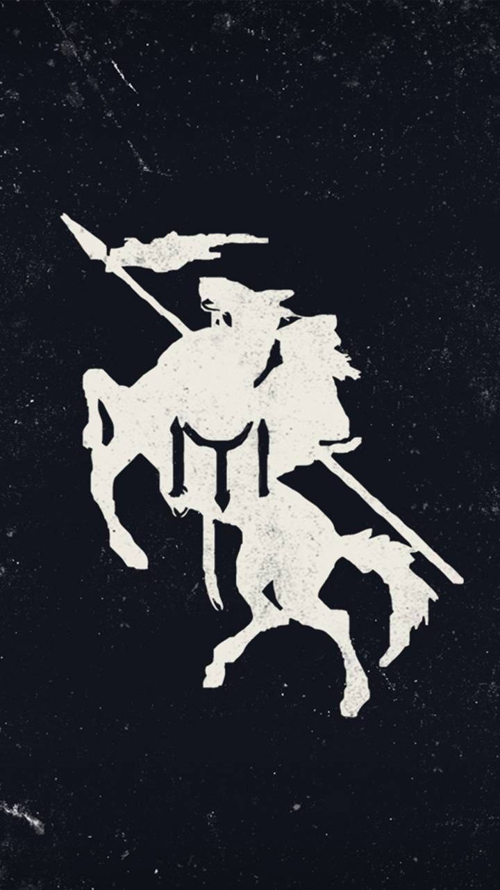 馬 桌布 壁紙 — 一個騎馬騎士揮舞長矛的清晰白色剪影，背景為紋理深色。