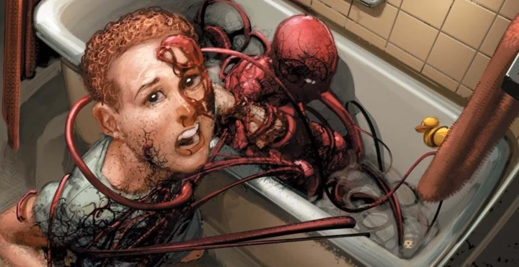 Carnage USA 桌布 壁紙 — 一個驚恐的人喺浴缸入面俾一隻觸手嘅怪異紅色外星生物襲擊。