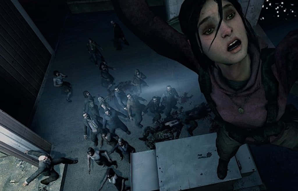 Left 4 Dead Characters 桌布 壁紙 — 一個驚恐的女人低頭看著一群喪屍在昏暗的工業空間中蜂擁而至。