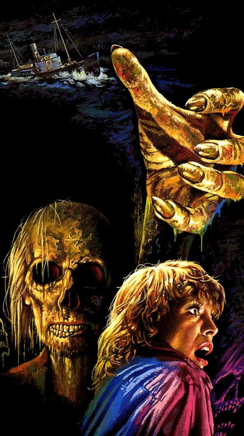 Monster Movies 桌布 壁紙 — 一個驚恐的孩子向上凝視，一隻巨大的金色手從黑暗的水中浮現，旁邊有一個骷髏形狀和遠處的船。