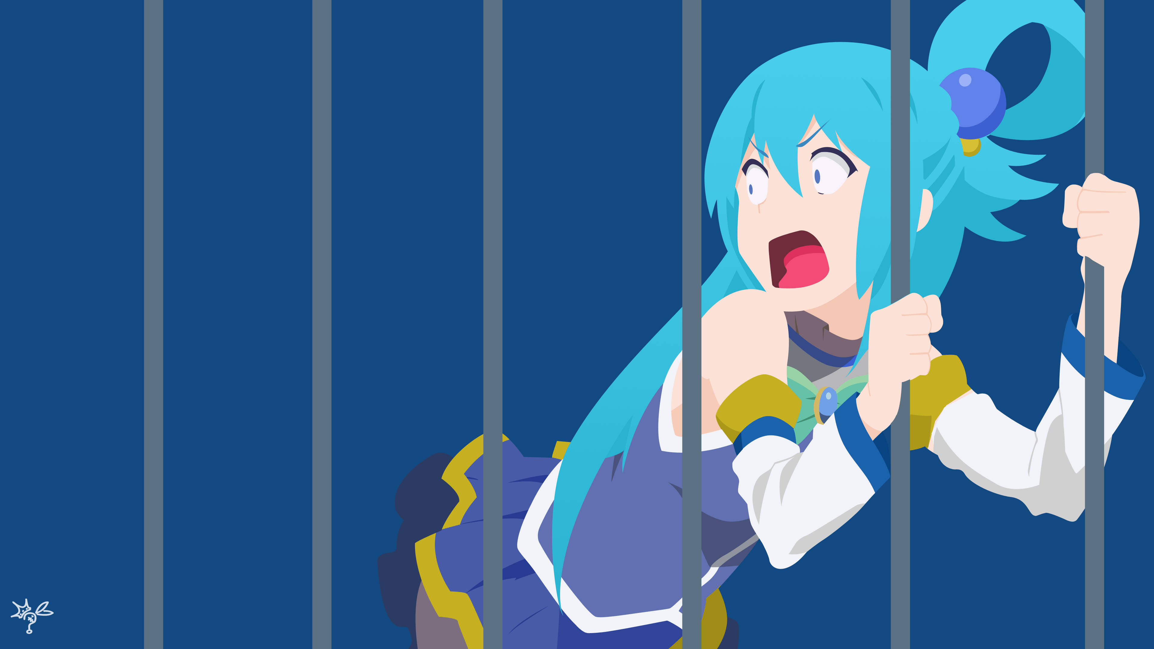 Anime PFP 桌布 壁紙 — 一個驚訝的動漫女孩，擁有綠松石色的頭髮，抓著監獄欄杆，背景是純藍色。