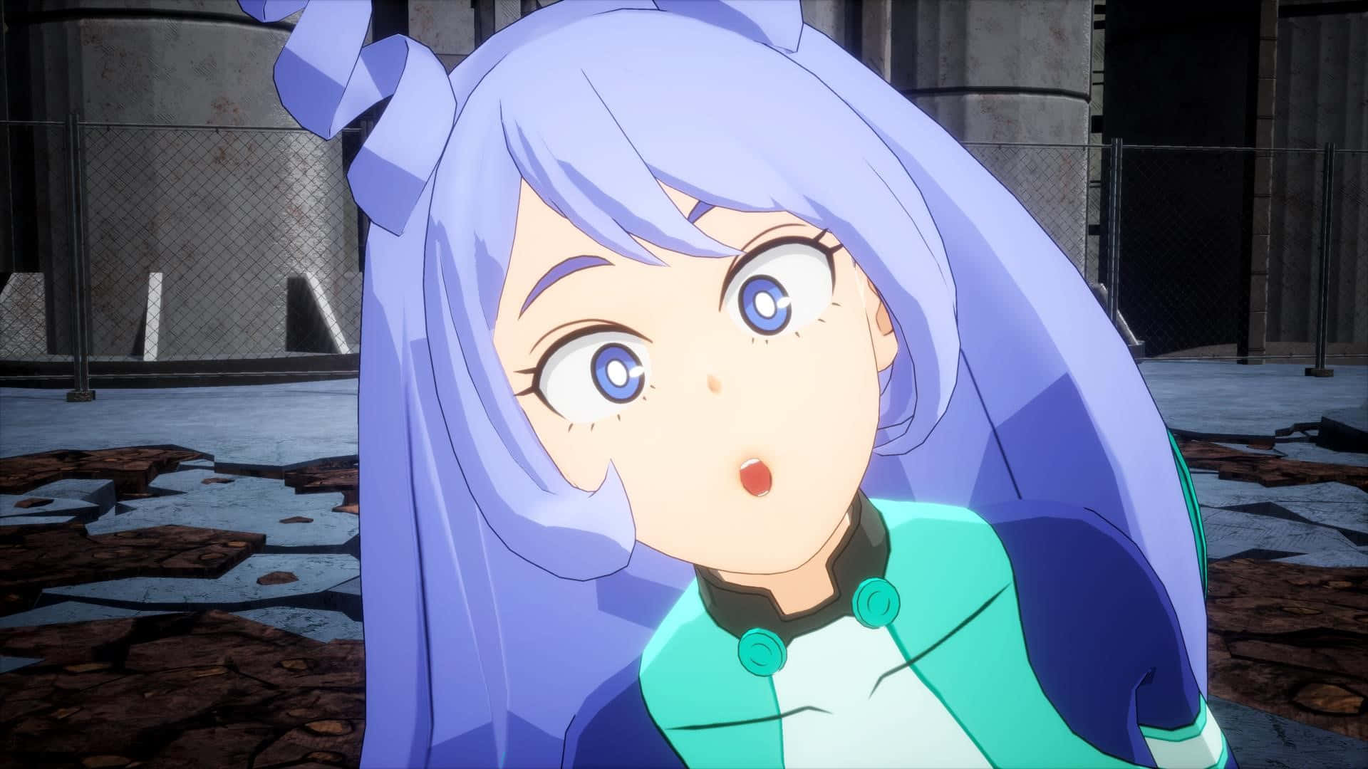 Nejire Hado 桌布 壁紙 — 一個驚訝的動漫女孩，擁有薰衣草色頭髮和藍色眼睛，在破碎的混凝土城市環境中睜大眼睛凝視。