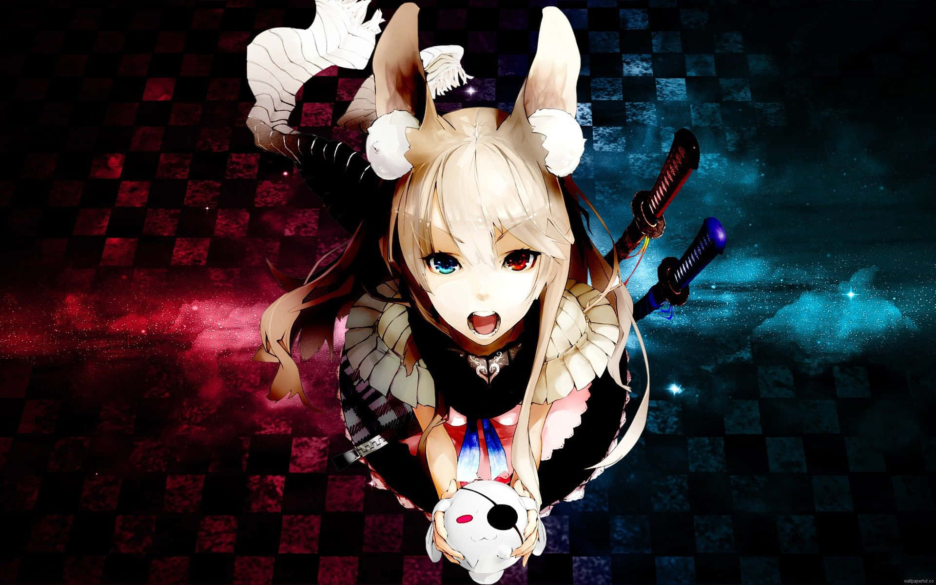 Anime Pc 桌布 壁紙 — 一個驚訝的動漫女孩，有狐狸耳朵和雙劍，在宇宙格仔背景前拿著一個頭骨。
