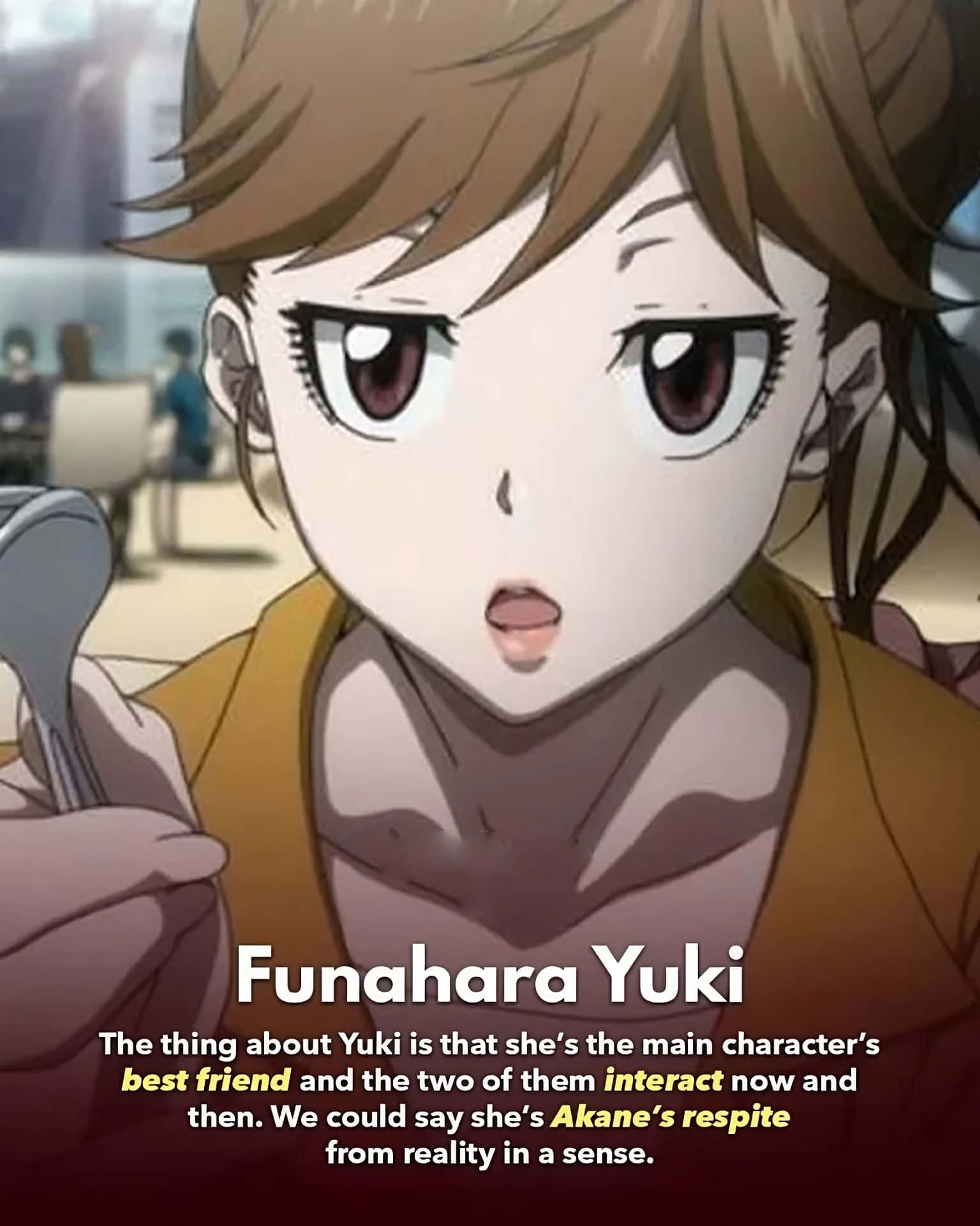 Yuki Funahara 桌布 壁紙 — 一個驚訝的動漫女孩，棕色頭髮，大眼睛，在光線明亮的咖啡館裡拿著勺子。
