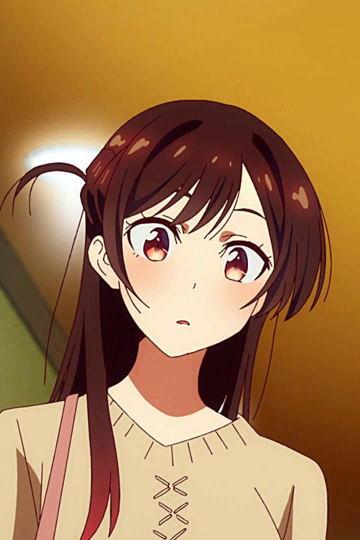 Chizuru Maihara 桌布 壁紙 — 一個驚訝的動漫女孩，棕色頭髮和紅色眼睛，在溫暖的金色背景下向上看。