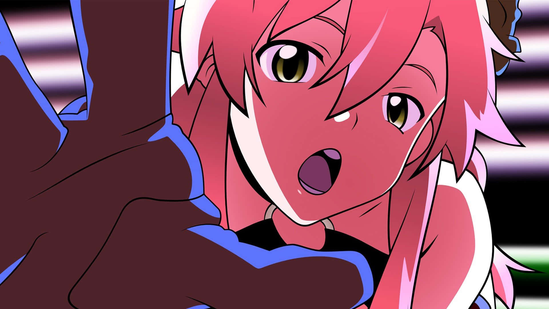 yoko littner 桌布 壁紙 — 一個驚訝的動漫女孩，粉紅色頭髮和大眼睛，在條紋背景前被戲劇性地特寫捕捉。