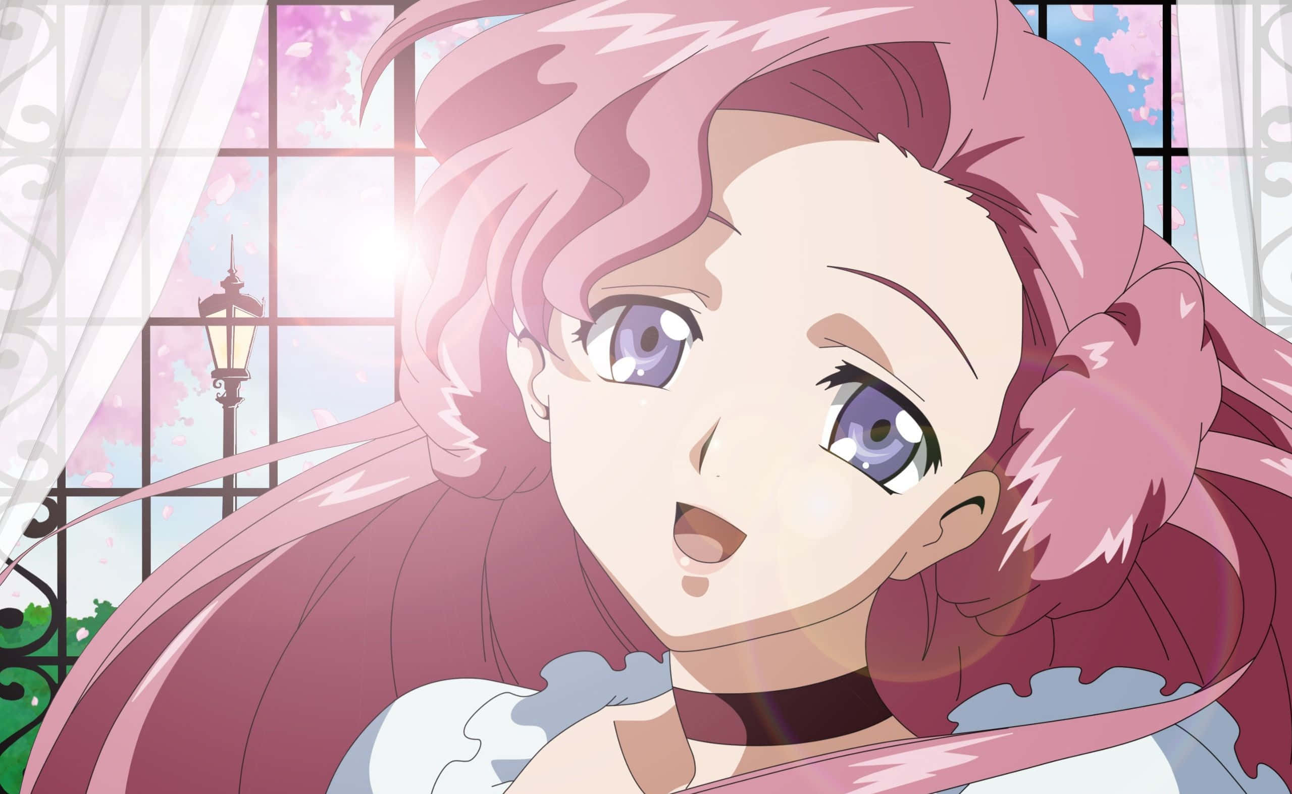 Euphemia Li Britannia 桌布 壁紙 — 一個驚訝的動漫女孩，粉紅色頭髮和紫色眼睛，望著窗外盛開的櫻花。