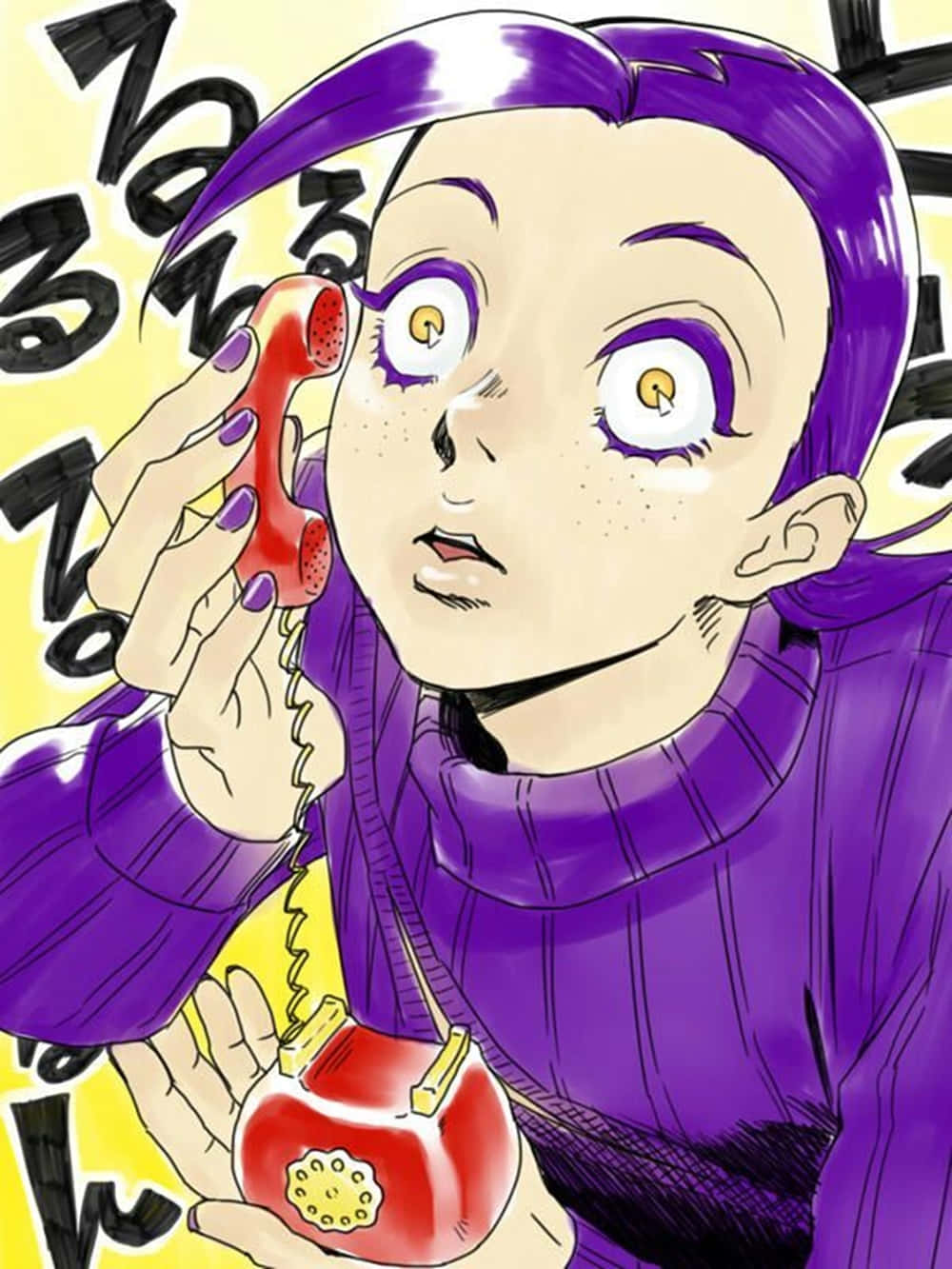 Vinegar Doppio 桌布 壁紙 — 一個驚訝的動漫女孩，紫色頭髮和眼睛，在黃色背景上拿著紅色轉盤電話，背景有日文字。