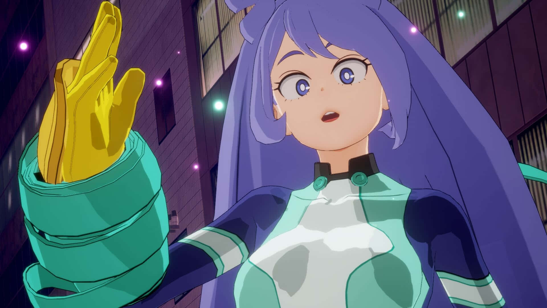 Nejire Hado 桌布 壁紙 — 一個驚訝的動漫女孩，紫色頭髮和黃色手套，在夜晚的城市中伸出手臂。