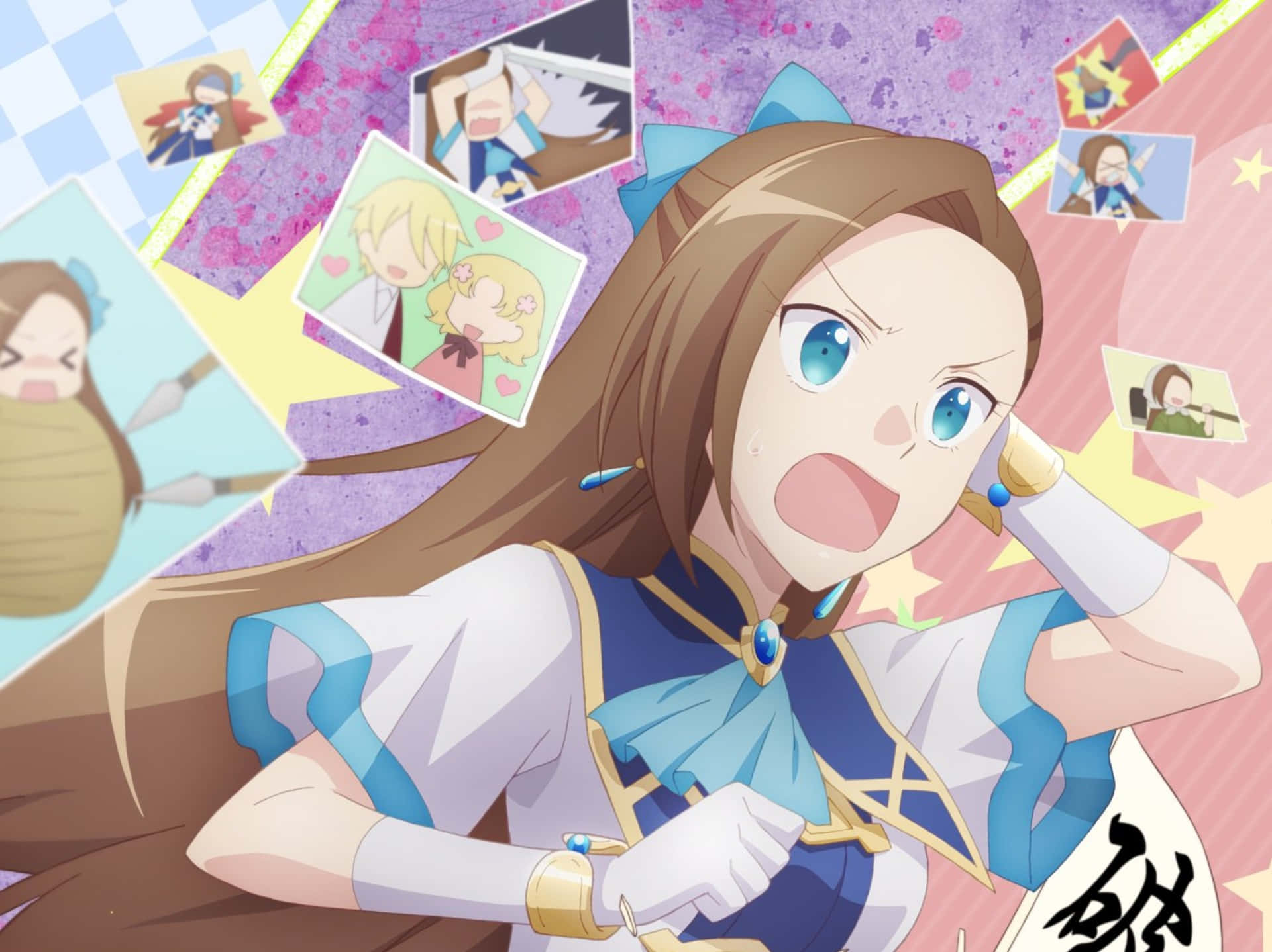 My Next Life As A Villainess All Routes Lead To Doom 桌布 壁紙 — 一個驚訝的動漫女孩，藍眼睛，棕色頭髮，穿著藍白相間的服裝，周圍環繞著漂浮的照片。