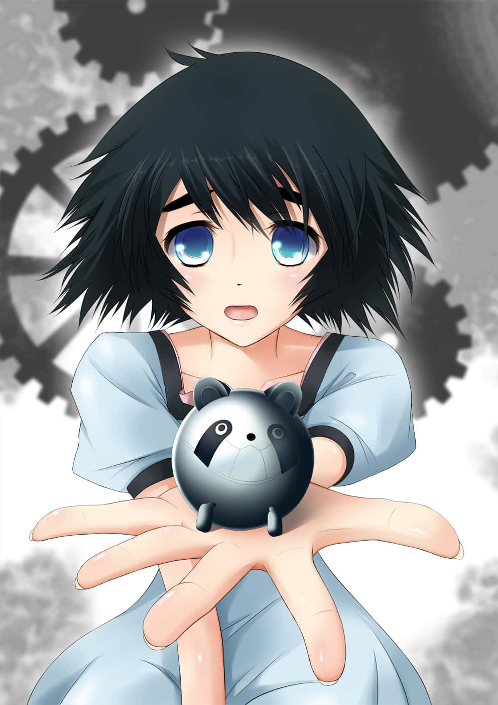 Mayuri Shiina 桌布 壁紙 — 一個驚訝的動漫女孩，藍色眼睛，抱著一個小熊貓機械人，背景是大型機械齒輪。