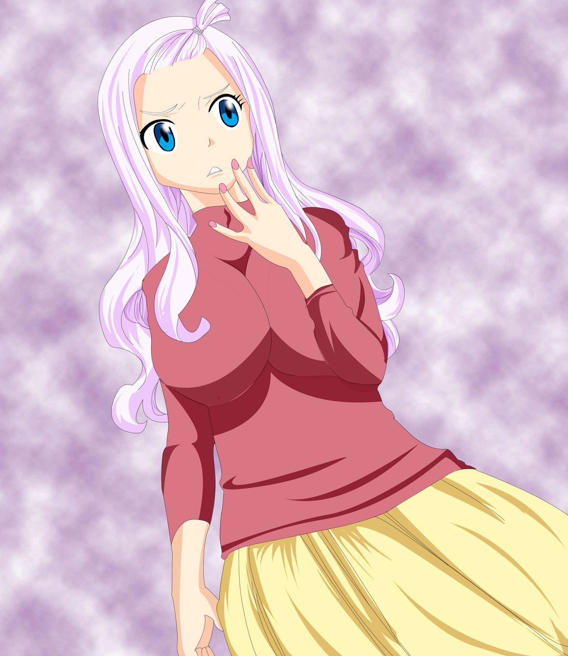 Mirajane Strauss 桌布 壁紙 — 一個驚訝的動漫女孩，長長的白髮和藍眼睛，穿著粉紅色上衣和黃色裙子，背景是紫色的多雲天空。