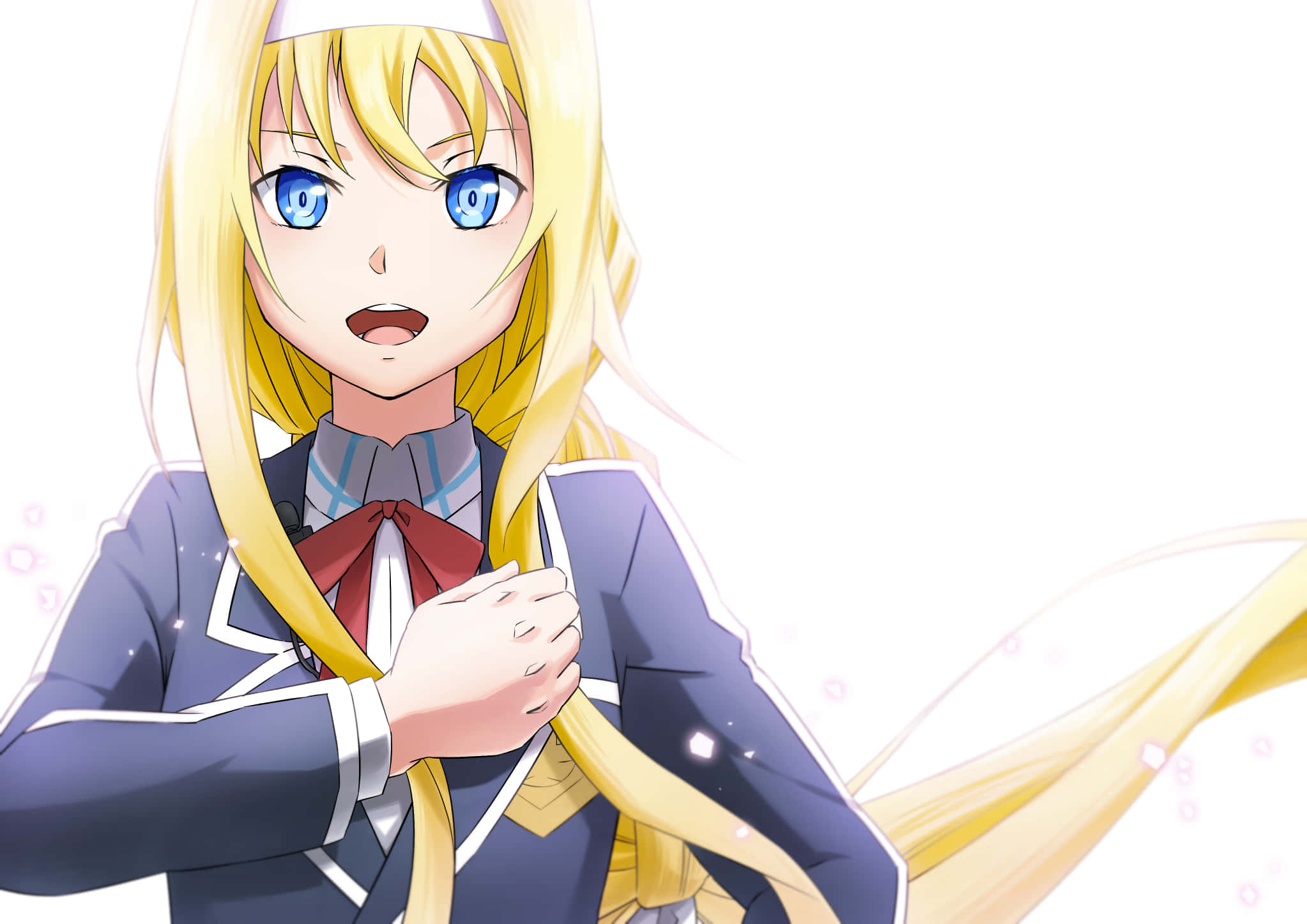 Alice Zuberg 桌布 壁紙 — 一個驚訝的動漫女孩，長長的金色頭髮和藍色眼睛，穿著校服，背景是明亮的白色。