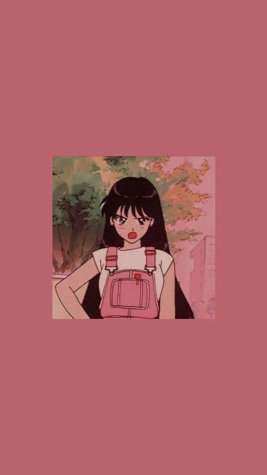 sailor mars 桌布 壁紙 — 一個驚訝的動漫女孩，長長的黑髮和粉紅色工裝褲，站在有樹木的柔和粉紅色背景前。
