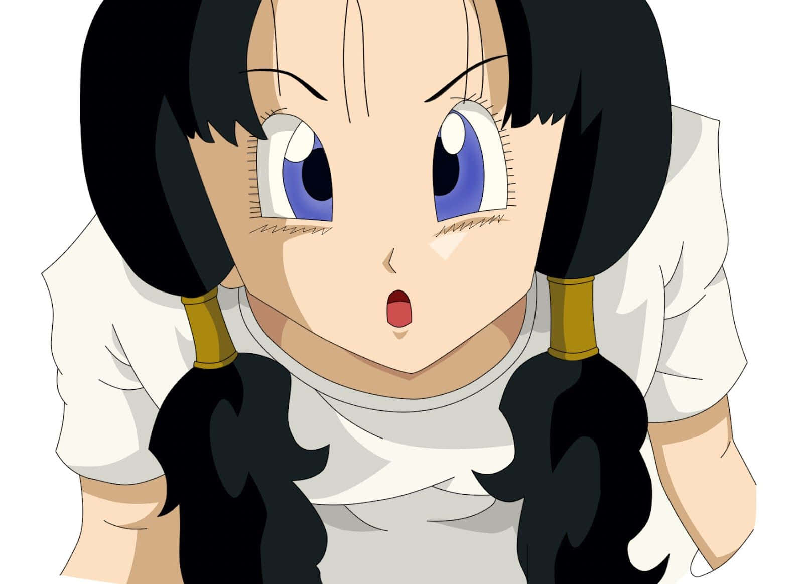 Videl 桌布 壁紙 — 一個驚訝的動漫女孩，黑色雙馬尾，藍色眼睛，穿著白襯衫，睜大眼睛凝視。
