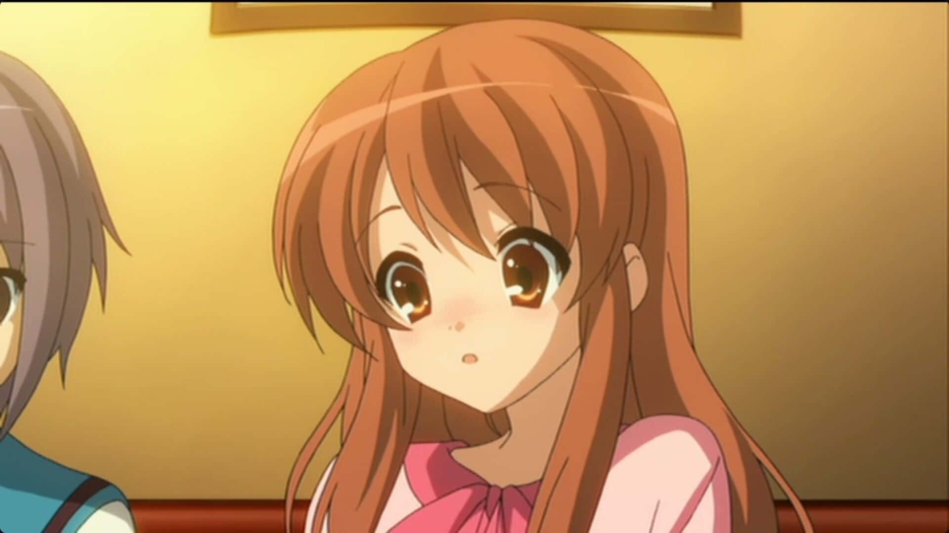 Mikuru Asahina 桌布 壁紙 — 一個驚訝的動漫女孩特寫，長長嘅棕色頭髮同大而有表現力嘅眼睛，戴住一個粉紅色蝴蝶結。