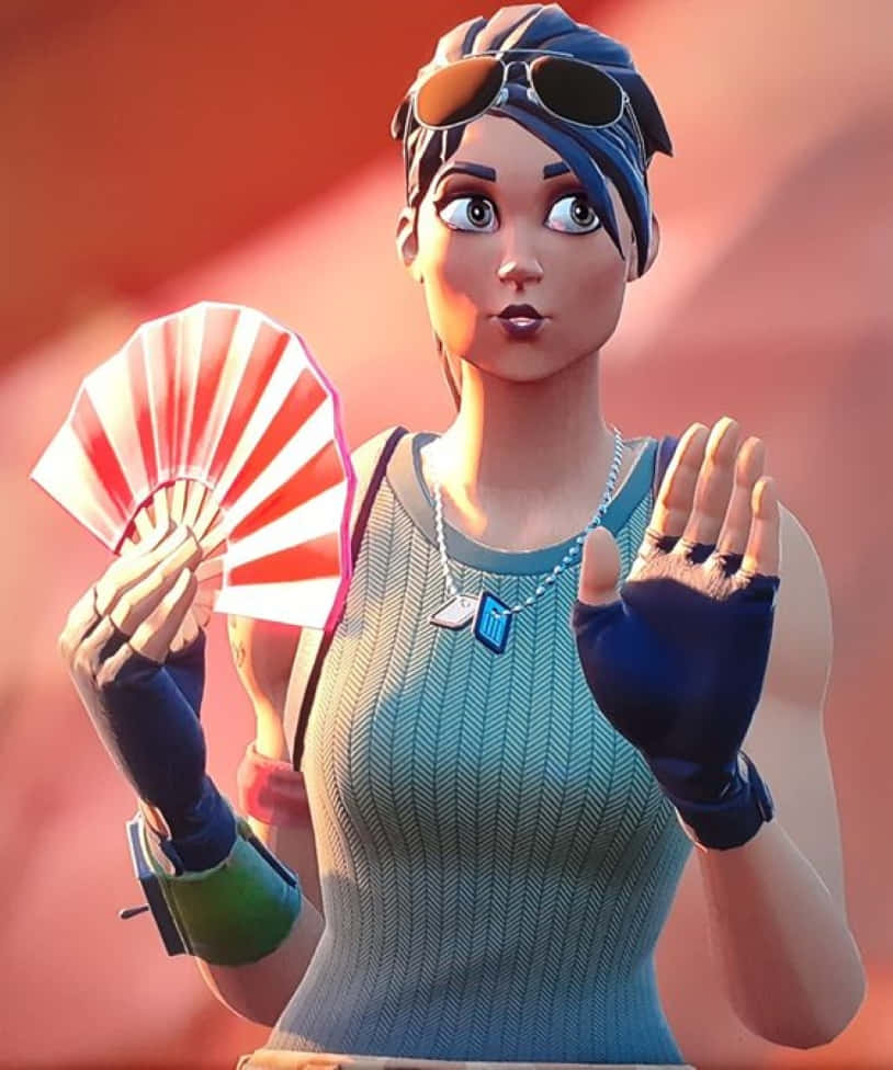 Ramirez Fortnite 桌布 壁紙 — 一個驚訝的動漫風格女性角色，戴著藍色頭巾和手套，手持紅白扇子。