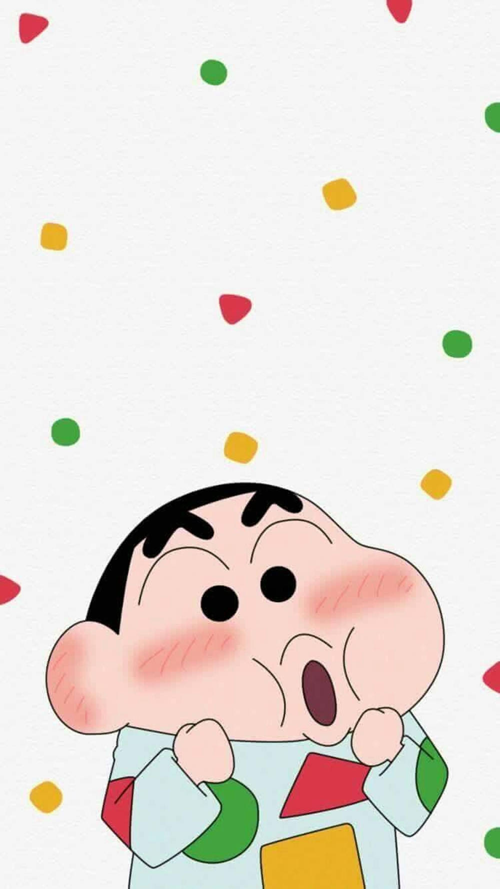 搞笑動漫GIF 桌布 壁紙 — 一個驚訝的卡通男孩，臉頰紅潤，抬頭看著白色背景上飄落的彩色紙屑。
