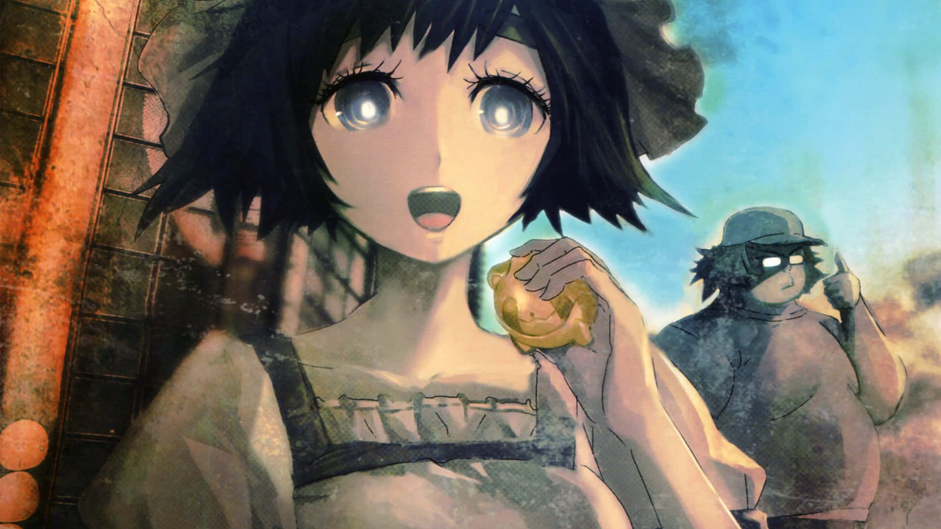 Steins Gate 桌布 壁紙 — 一個驚訝的深色頭髮動漫女孩拿著糕點，而一個戴面具的身影在她身後潛伏在陰暗的城市小巷中。
