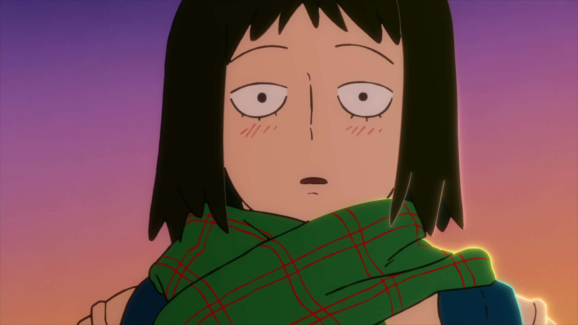 Tome Kurata 桌布 壁紙 — 一個驚訝的短黑髮動漫女孩，戴著綠色格紋圍巾，背景是紫橙色的日落天空。
